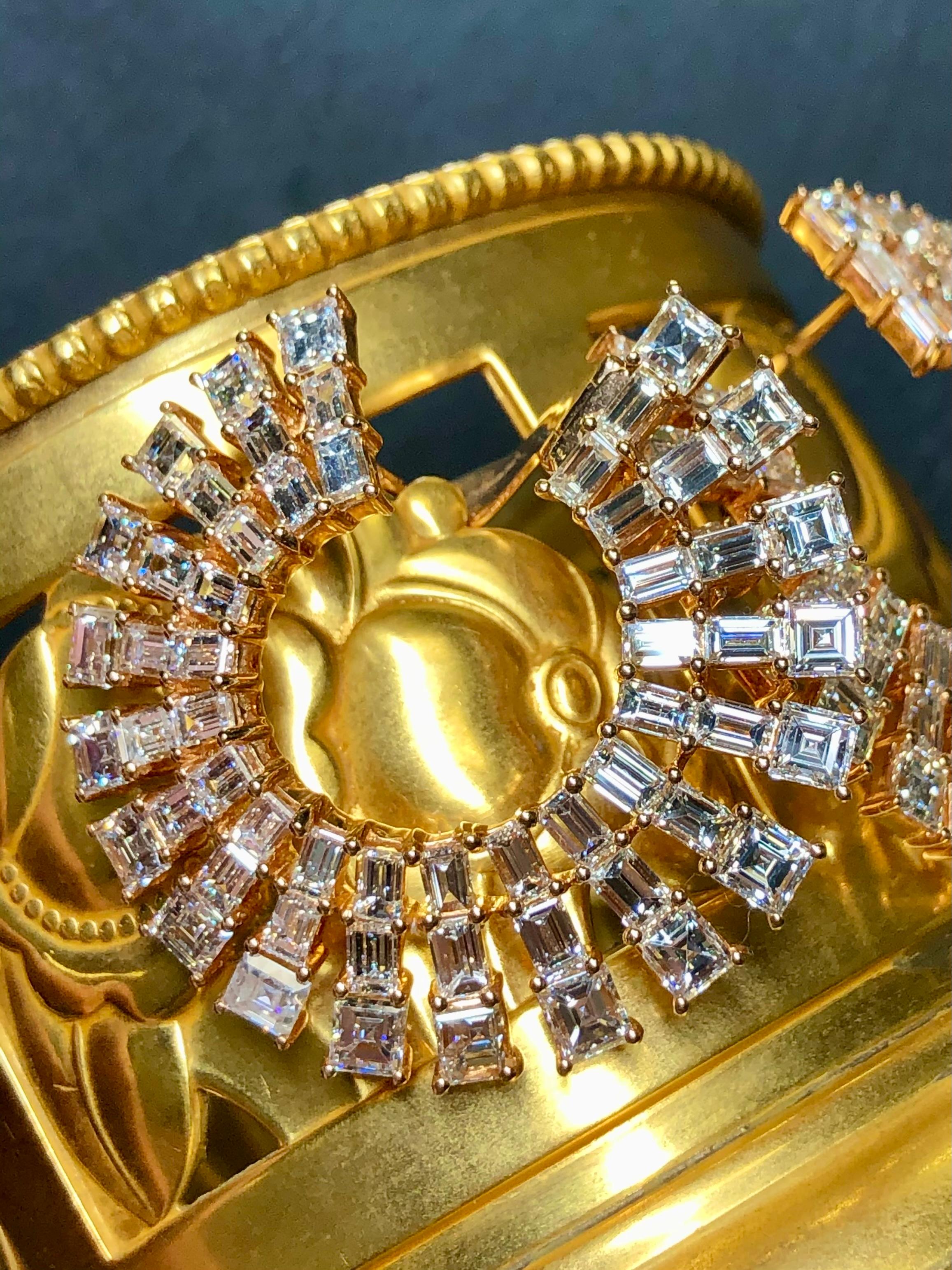 Baguette Cut Estate ODELIA 18K Rose Gold Square Baguette Diamond Ear Wrap Hoop Earrings 20ctw For Sale