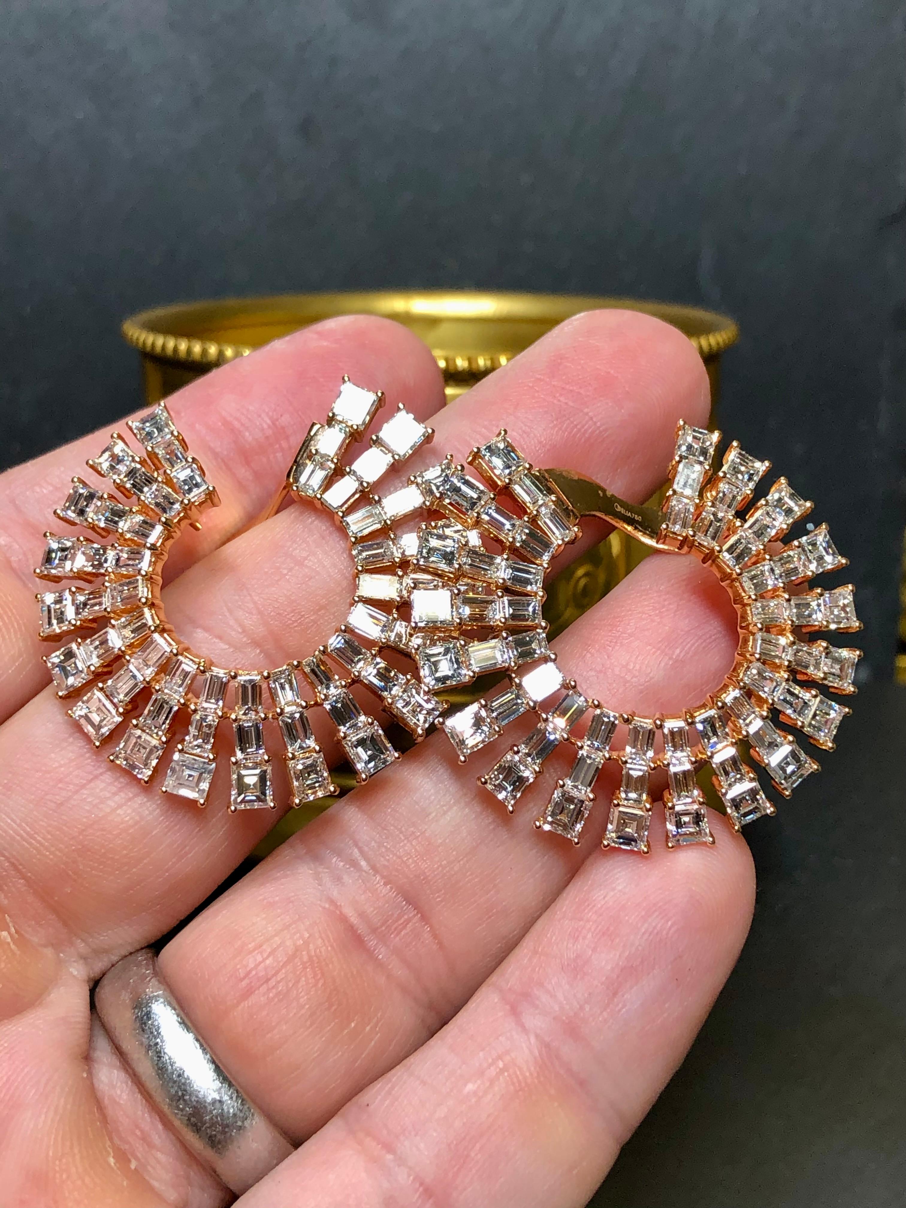 Estate ODELIA 18K Rose Gold Square Baguette Diamond Ear Wrap Hoop Earrings 20ctw For Sale 2