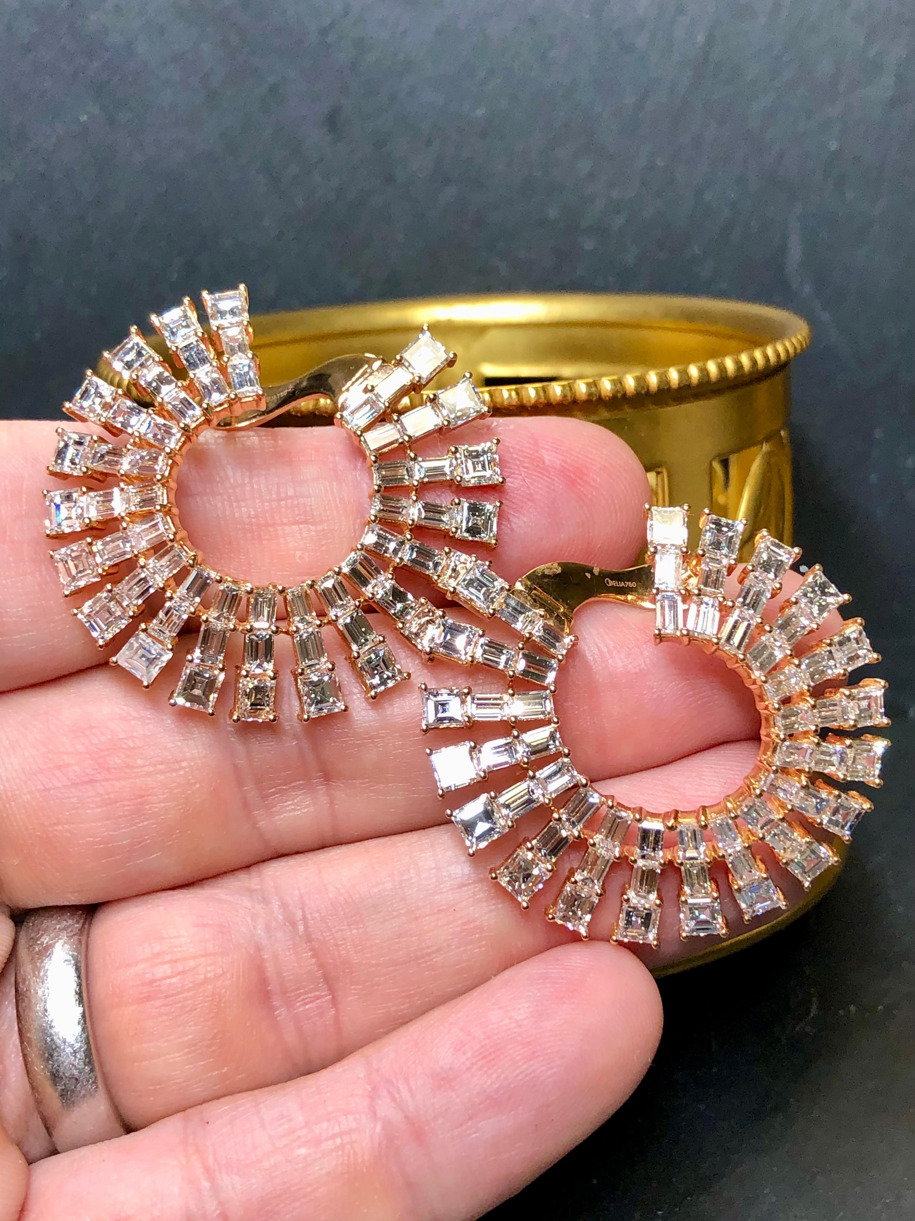 Estate ODELIA 18K Rose Gold Square Baguette Diamond Ear Wrap Hoop Earrings 20ctw For Sale 3