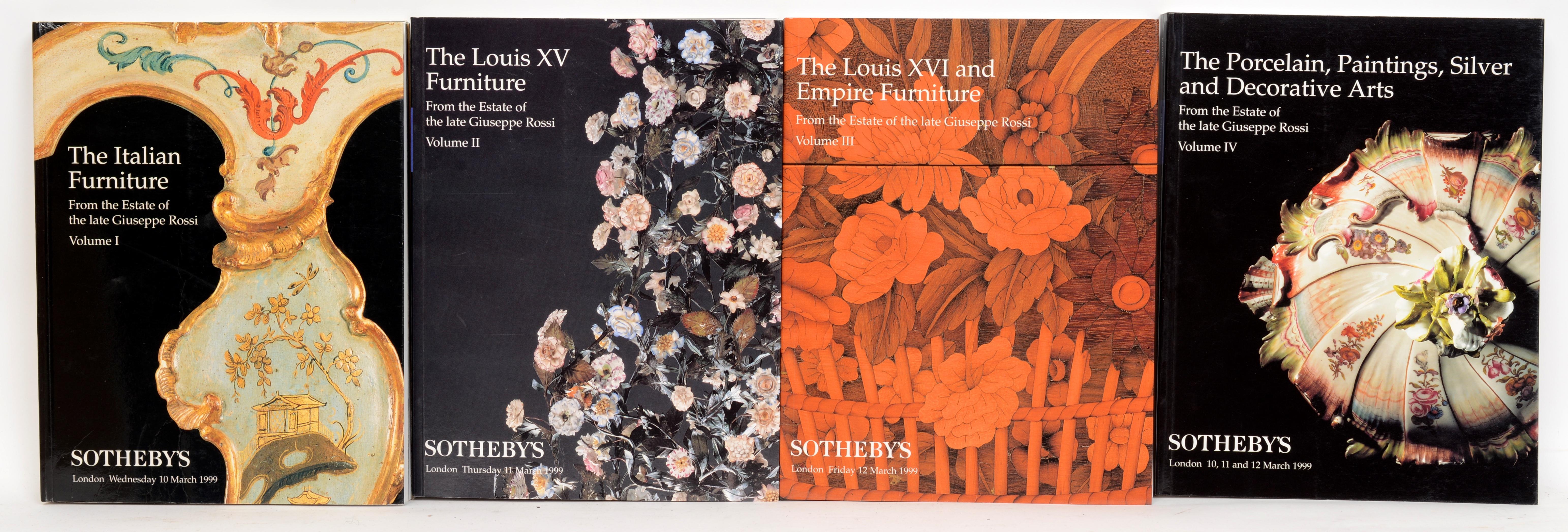 The Estate of an Italian Connoisseur - The Late Giuseppe Rossi collection, 4 volumes complete (Sotheby's, Londres 10, 11, 12 mars 1999) : Meubles Louis XV / Meubles italiens / Meubles Louis XVI et Empire / Porcelaine, peintures, argenterie et arts