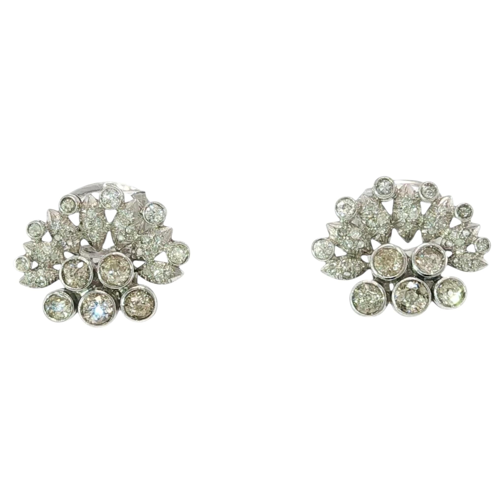 Estate Old Mine Cut Diamond Cluster Earrings – 18K White Gold~2.24 CTW