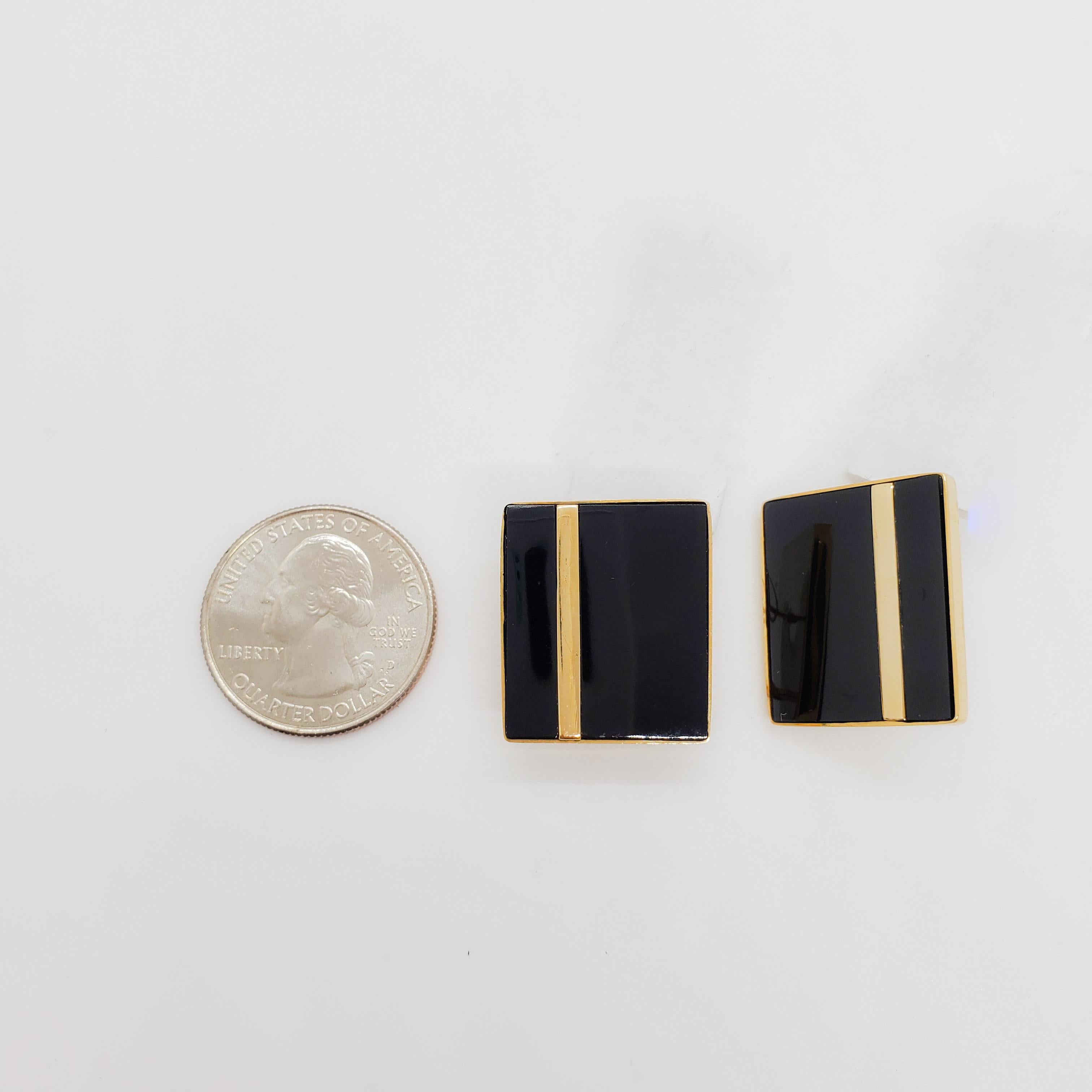 Uncut Estate Onyx and 14k Yellow Gold Earrings