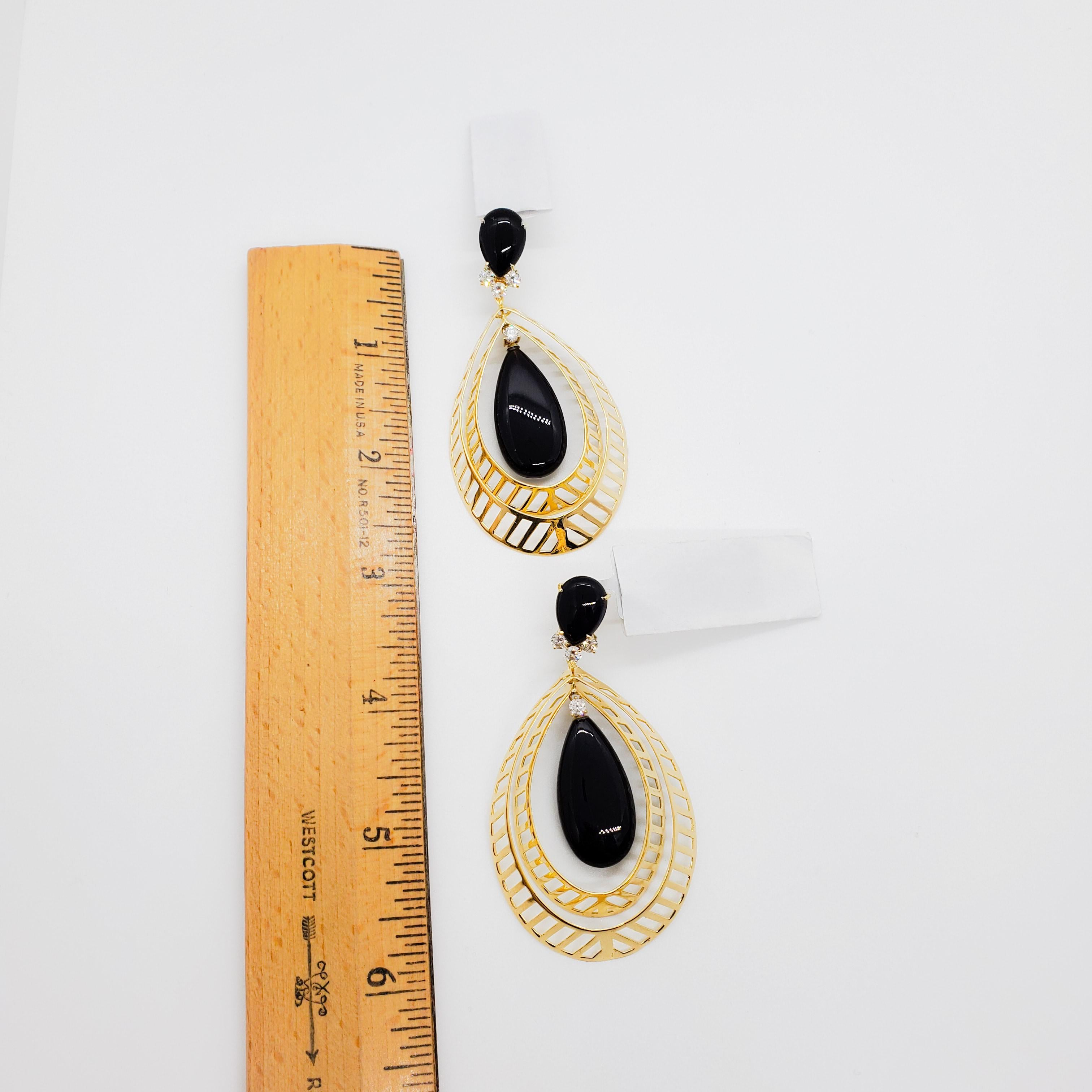 Pear Cut Onyx and Diamond Long Dangle Earrings in 18k Yellow Gold For Sale