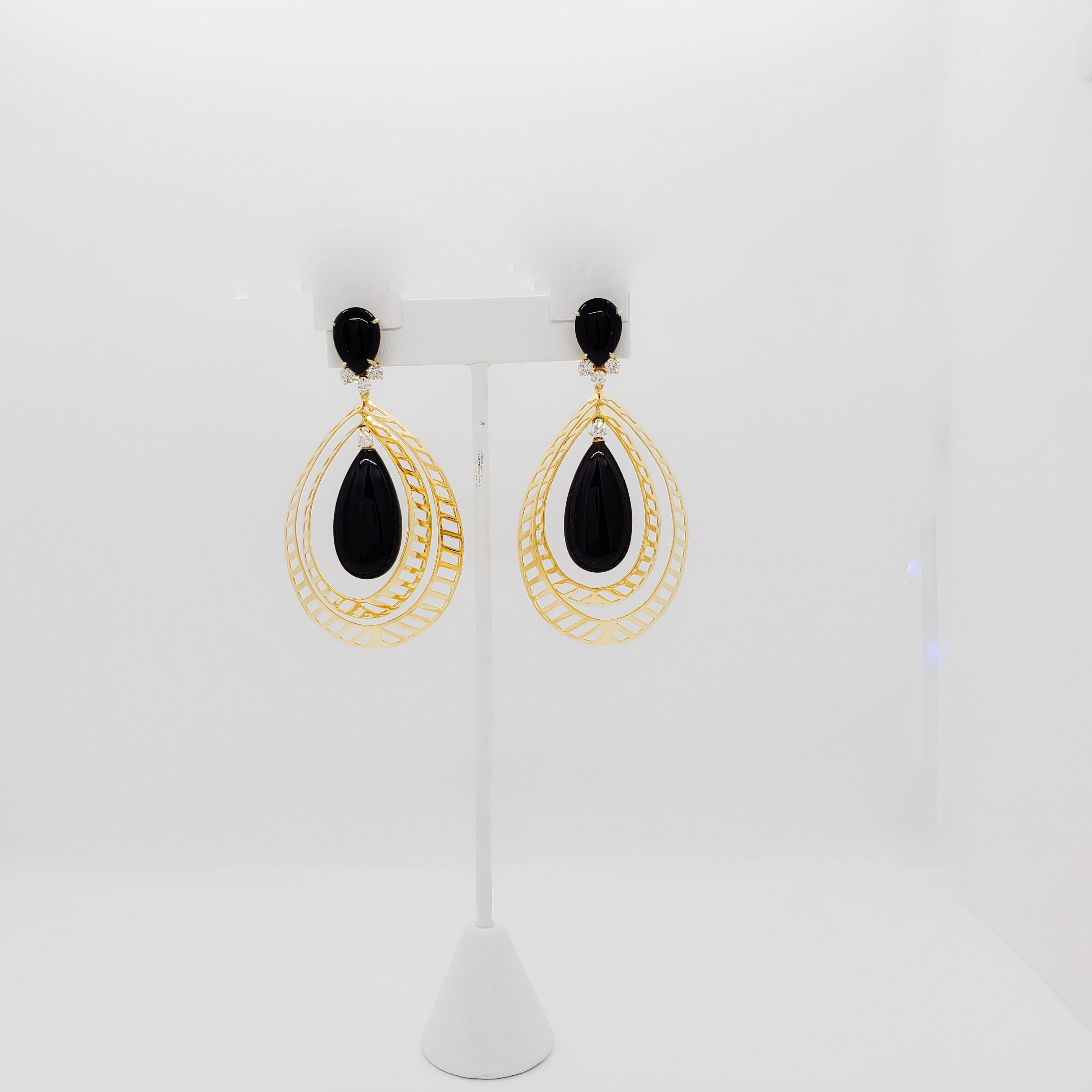 Women's or Men's Onyx and Diamond Long Dangle Earrings in 18k Yellow Gold For Sale