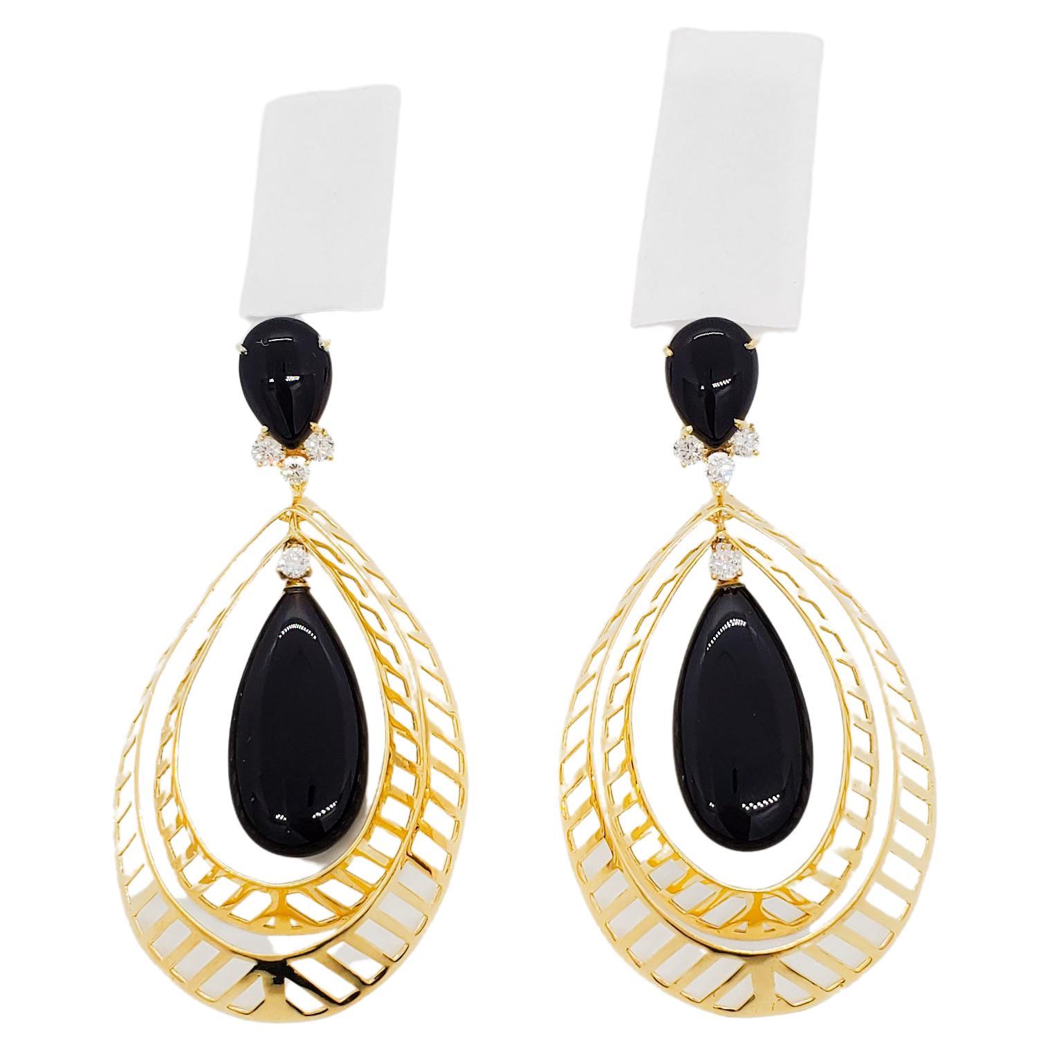 Onyx and Diamond Long Dangle Earrings in 18k Yellow Gold For Sale