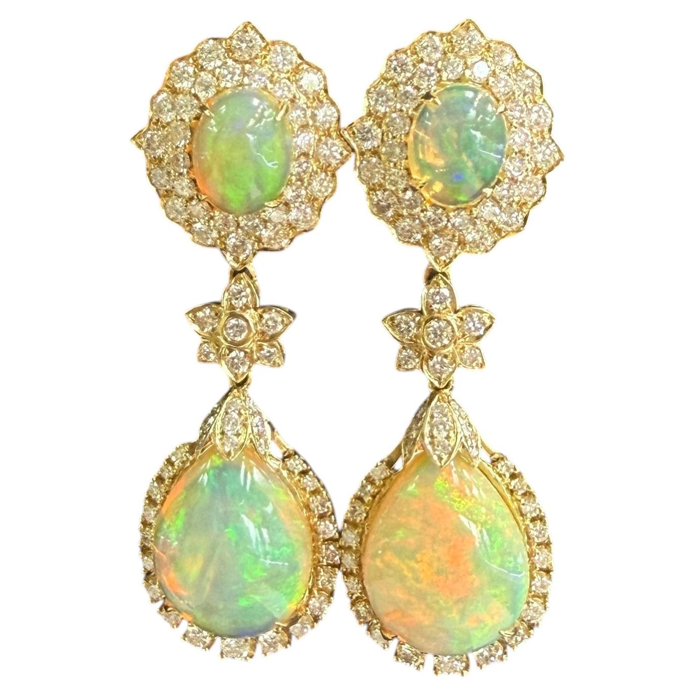 Estate 14k Yellow Gold Opal and Diamond Dangle Earrings