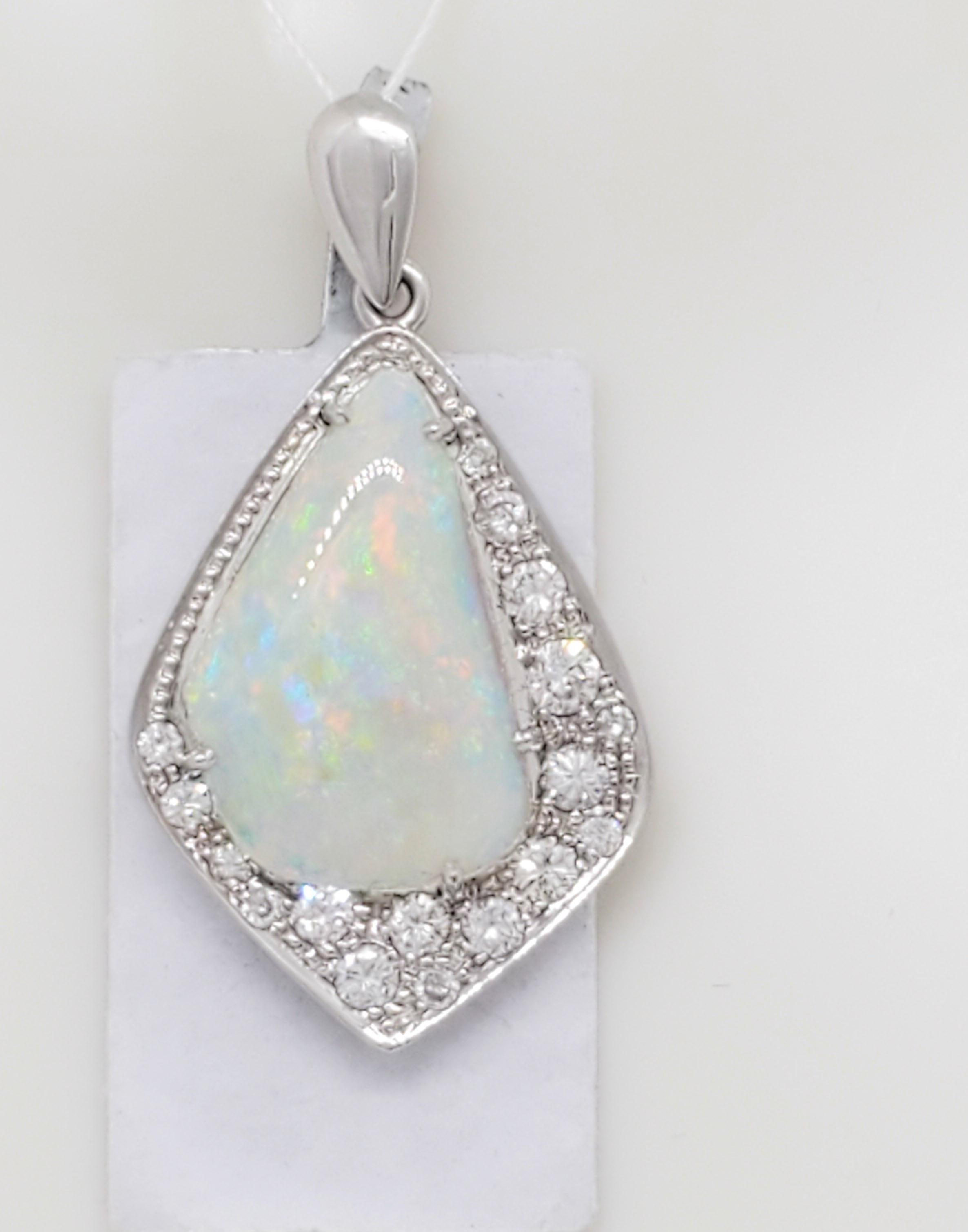 Estate Opal Freeform and White Diamond Pendant in 14k White Gold For ...
