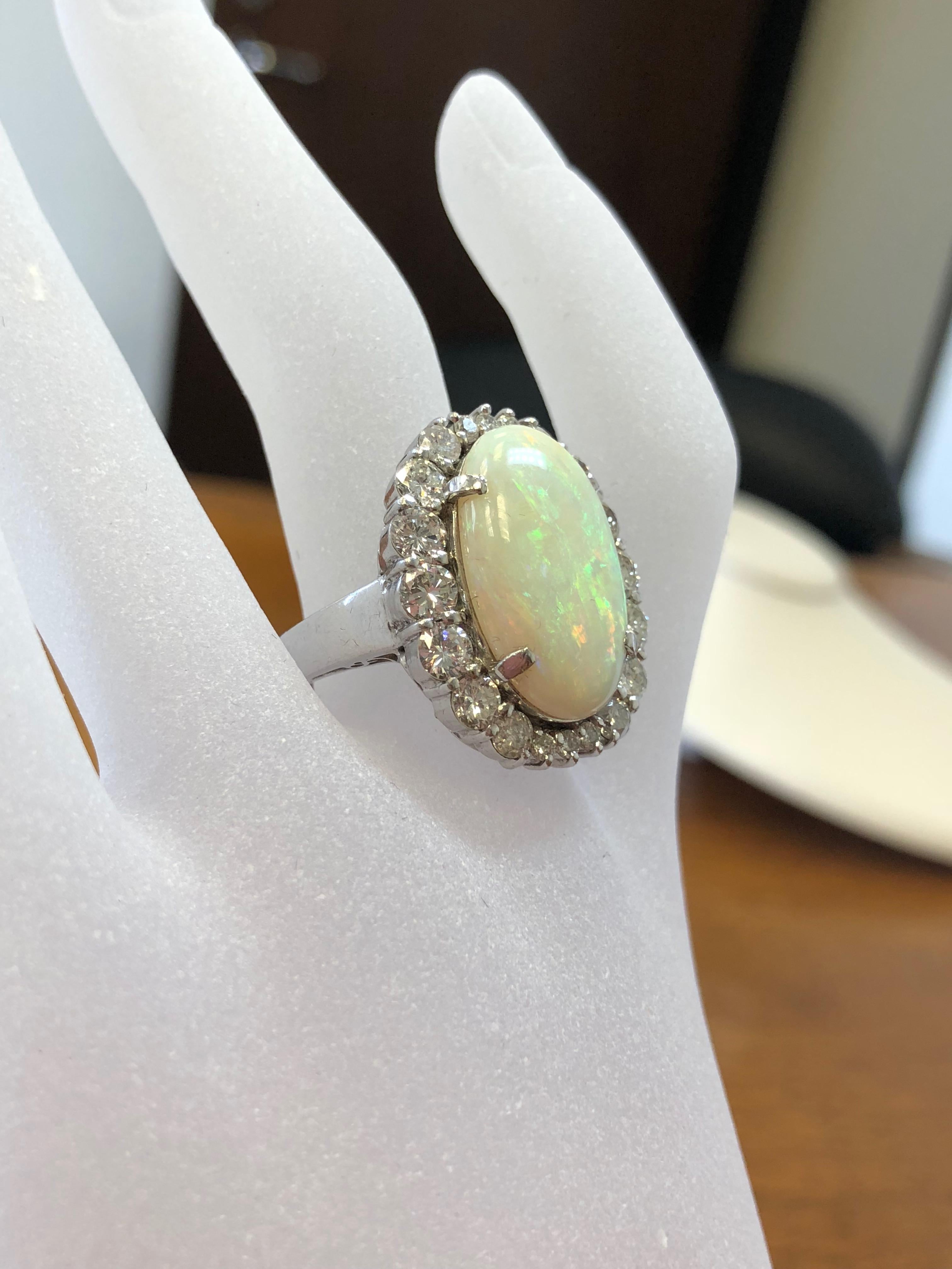 Estate Opal Oval and Diamond Cocktail Ring in Platinum In New Condition In Los Angeles, CA