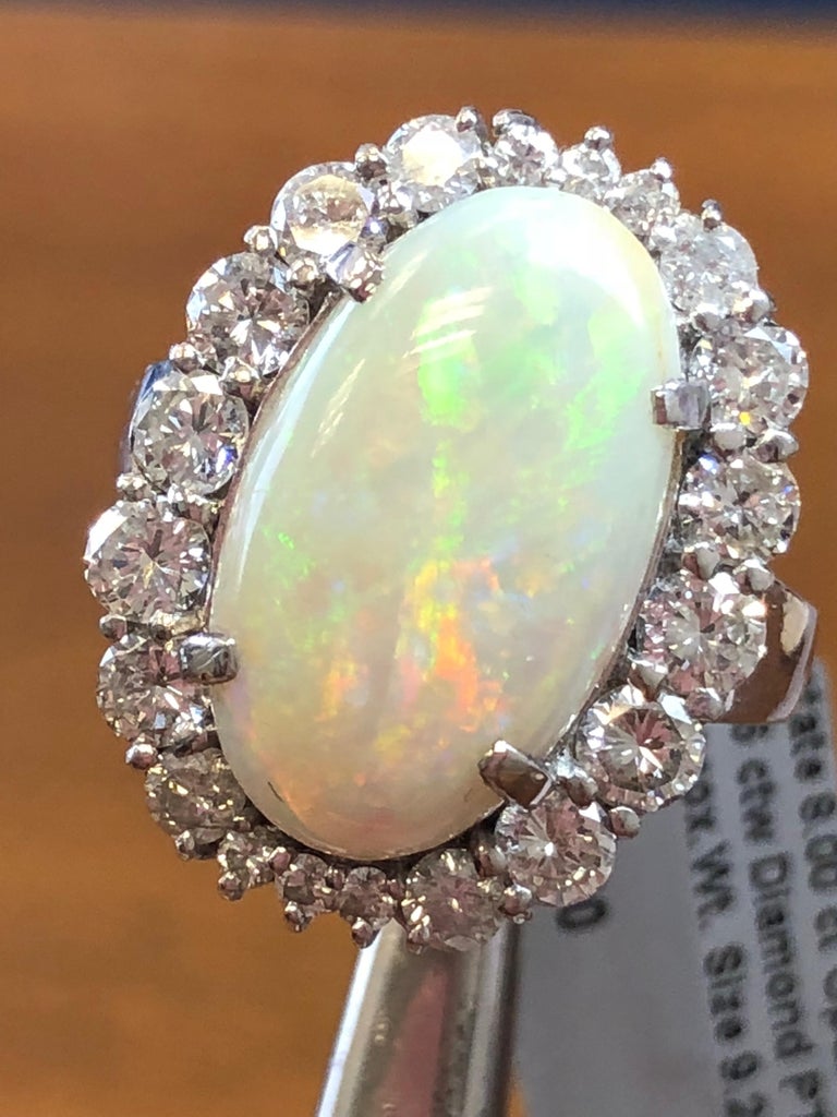 Estate Opal Oval and Diamond Cocktail Ring in Platinum at 1stDibs