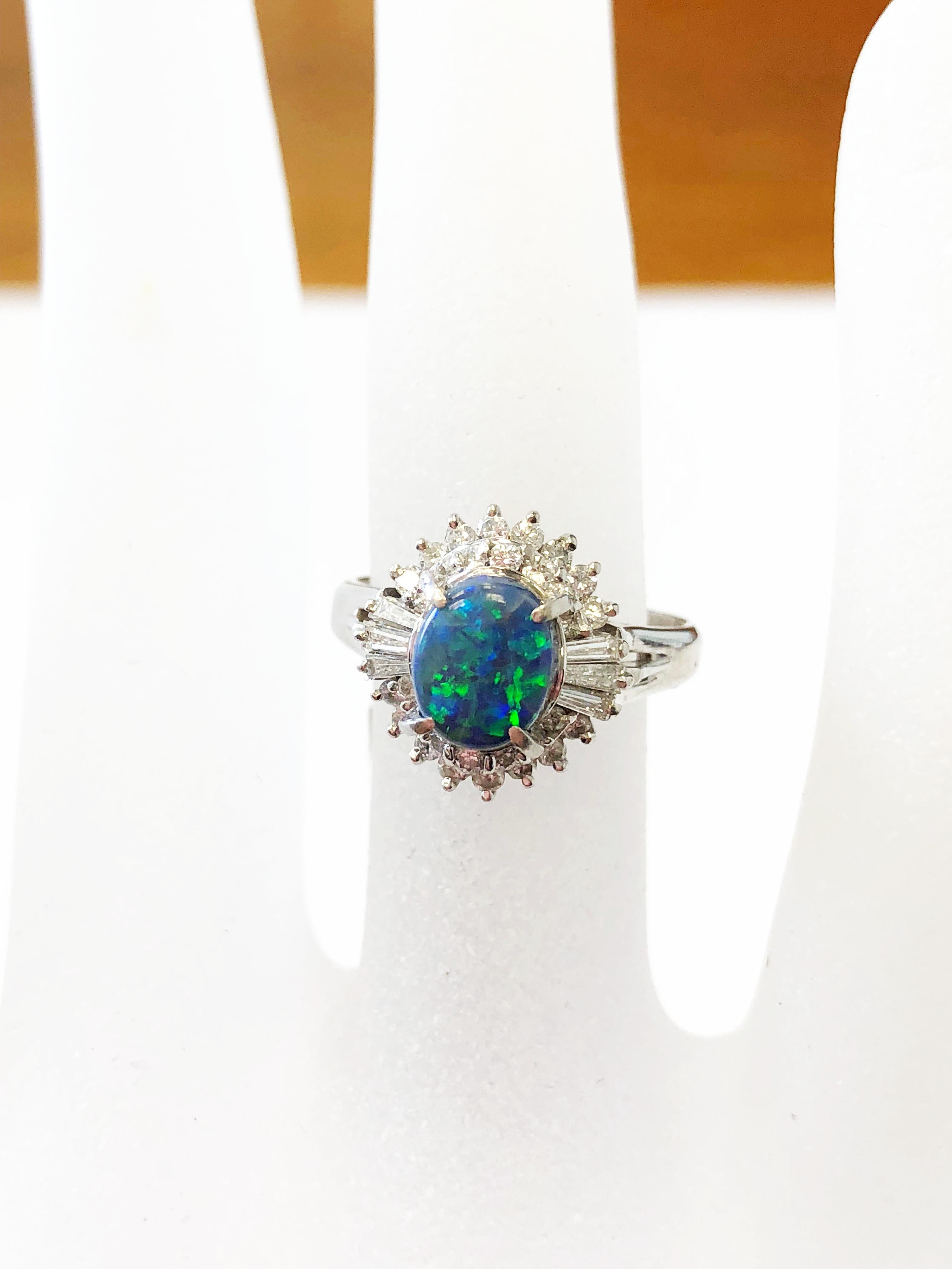 Oval Cut Estate Opal Oval and White Diamond Cocktail Ring in Platinum