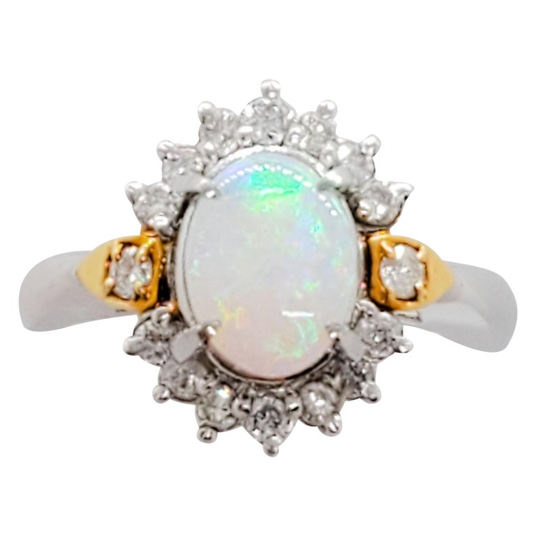 Bague En Or 18 Carats Avec Opale Et Diamant - Taille 54, Occasion, Style Marquise