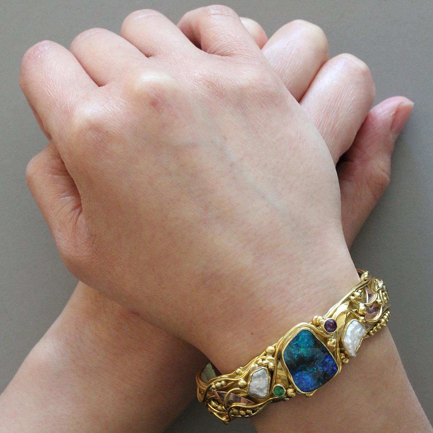 Estate Opal Pearl Tsavorite Amethyst Two-Tone Gold Cuff Bracelet For Sale 1