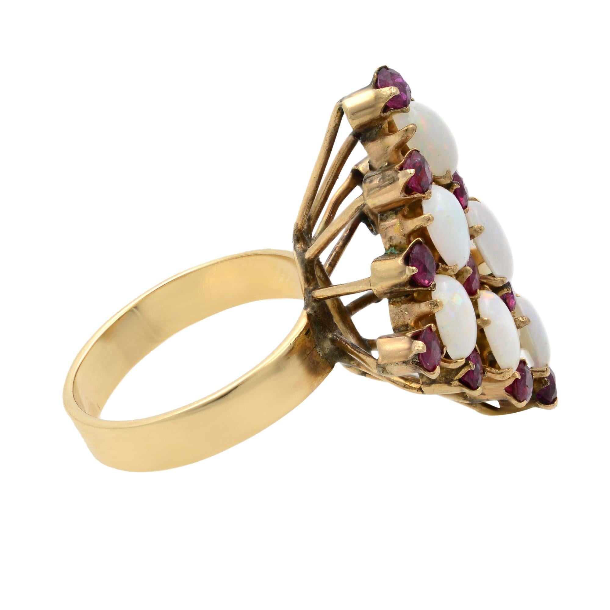 Oval Cut Estate Opal & Ruby Ladies Cocktail Ring 18k Yellow Gold For Sale