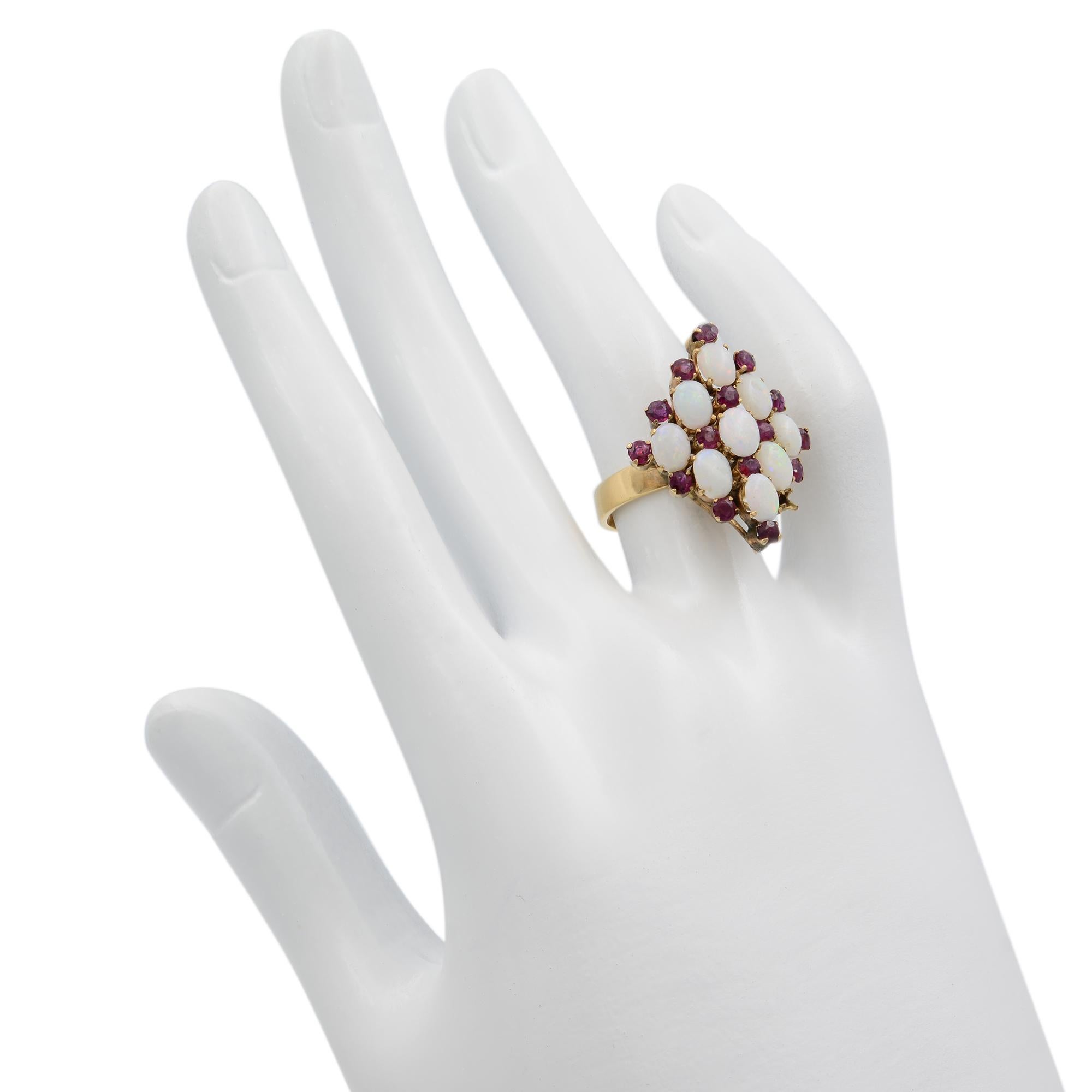 Estate Opal & Ruby Ladies Cocktail Ring 18k Yellow Gold In Excellent Condition For Sale In New York, NY