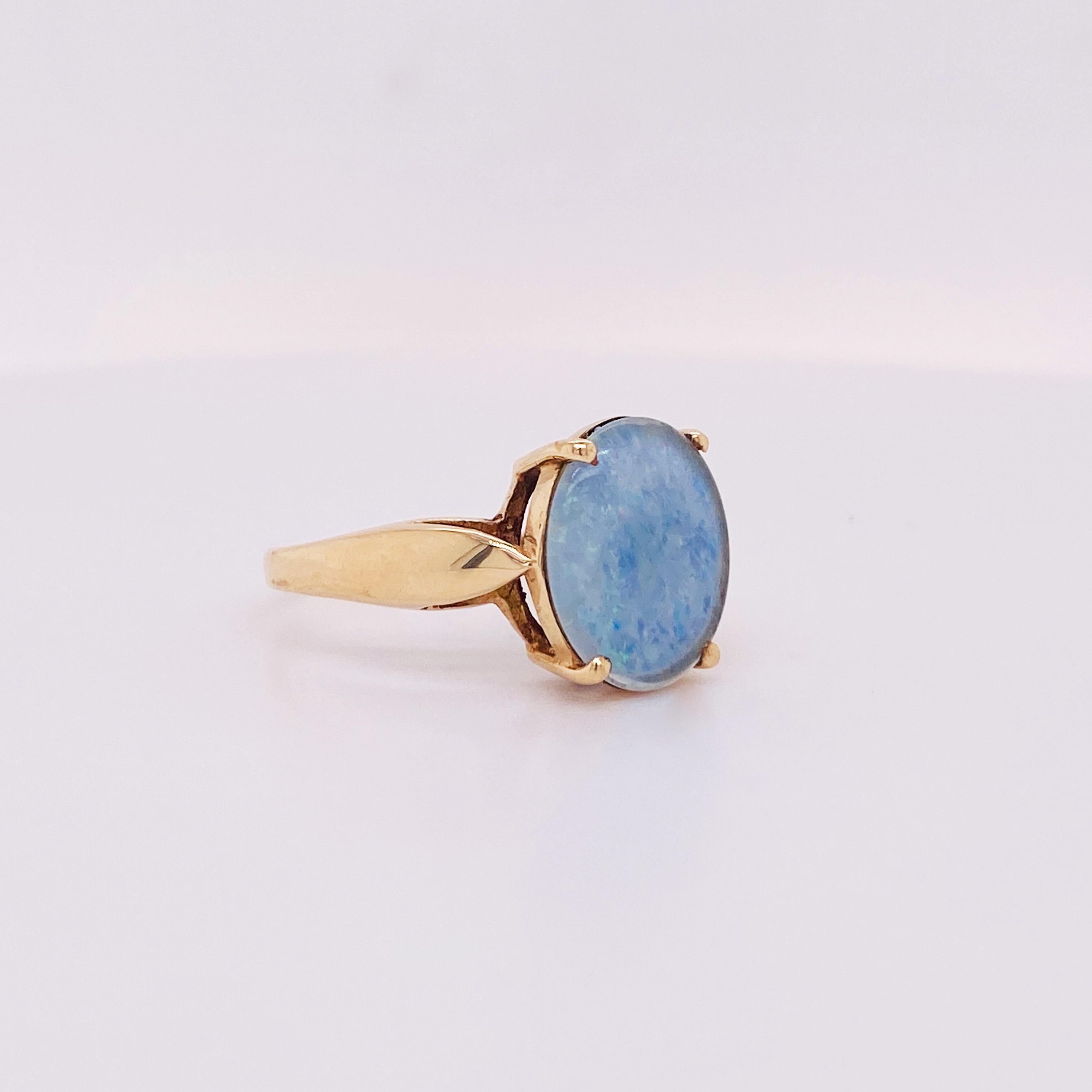 Contemporary Estate Opal Triplet Cabochon Solitaire 1970s Cathedral Ring 14K Yellow Gold For Sale