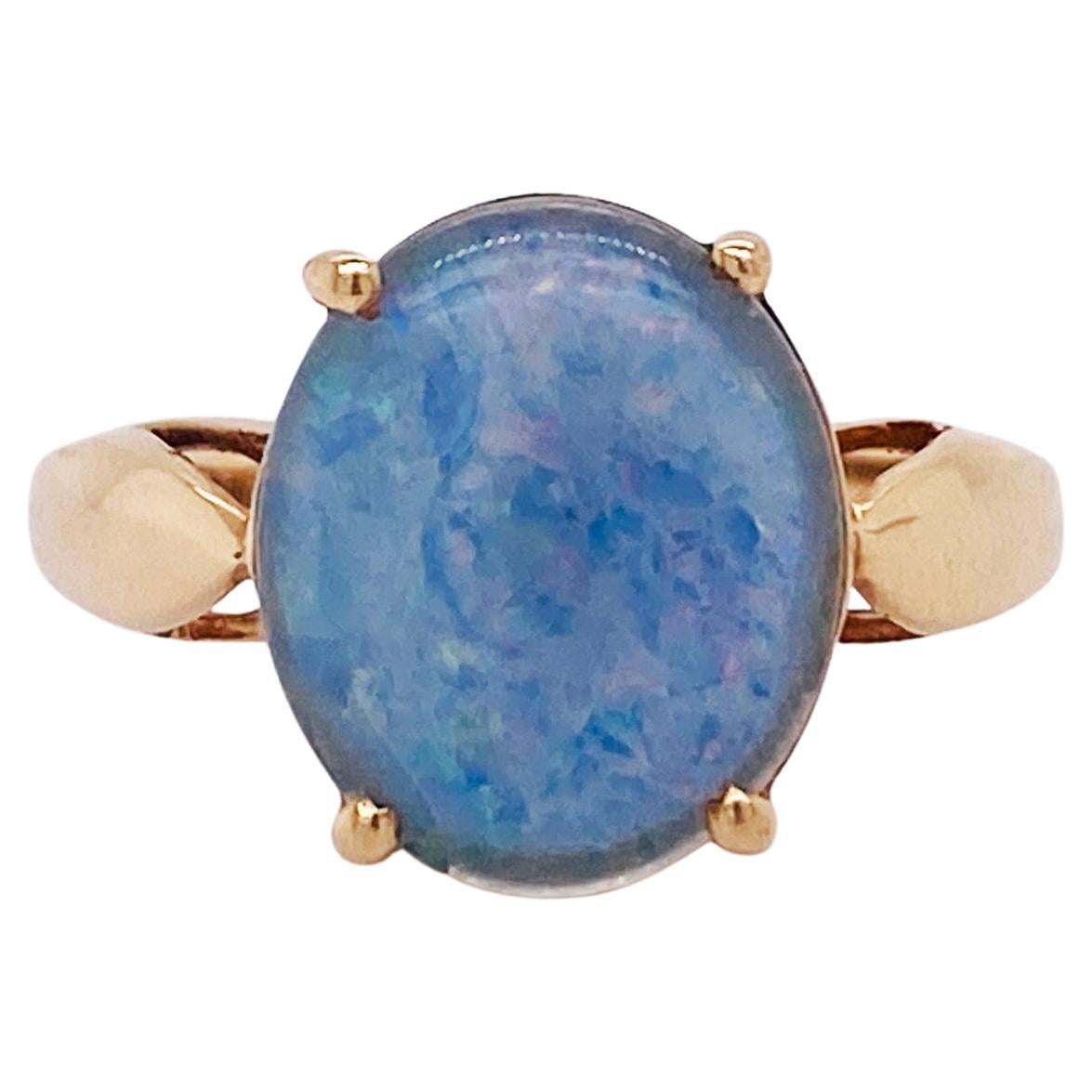 Estate Opal Triplet Cabochon Solitaire 1970s Cathedral Ring 14K Yellow Gold For Sale