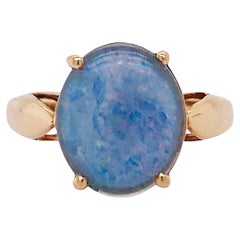 Estate Opal Triplet Cabochon Solitaire 1970s Cathedral Ring 14K Yellow Gold