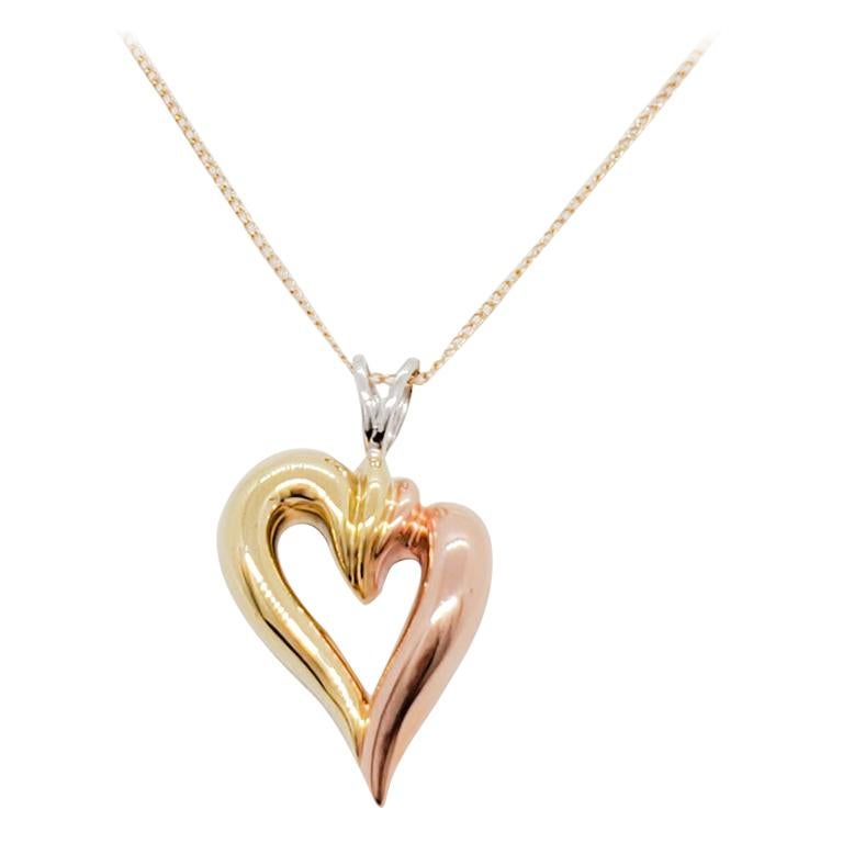 Estate Open Heart Pendant Necklace in 14 Karat 3-Tone Gold For Sale ...
