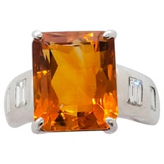 Estate Orange Citrine Emerald Cut and White Diamond Ring in Platinum