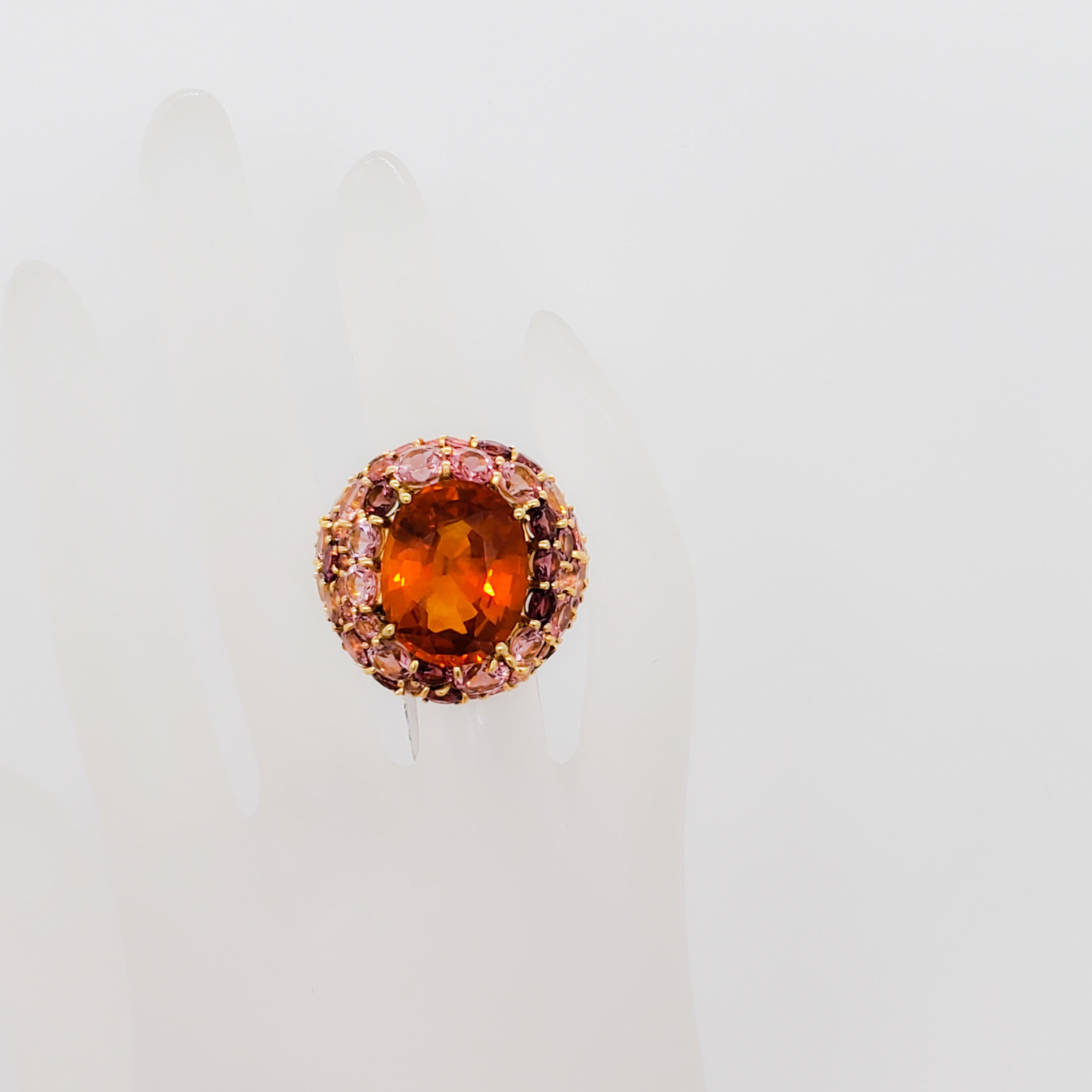 Estate Orange Sapphire and Pink Tourmaline Cocktail Ring in 18k Yellow Gold In Excellent Condition In Los Angeles, CA