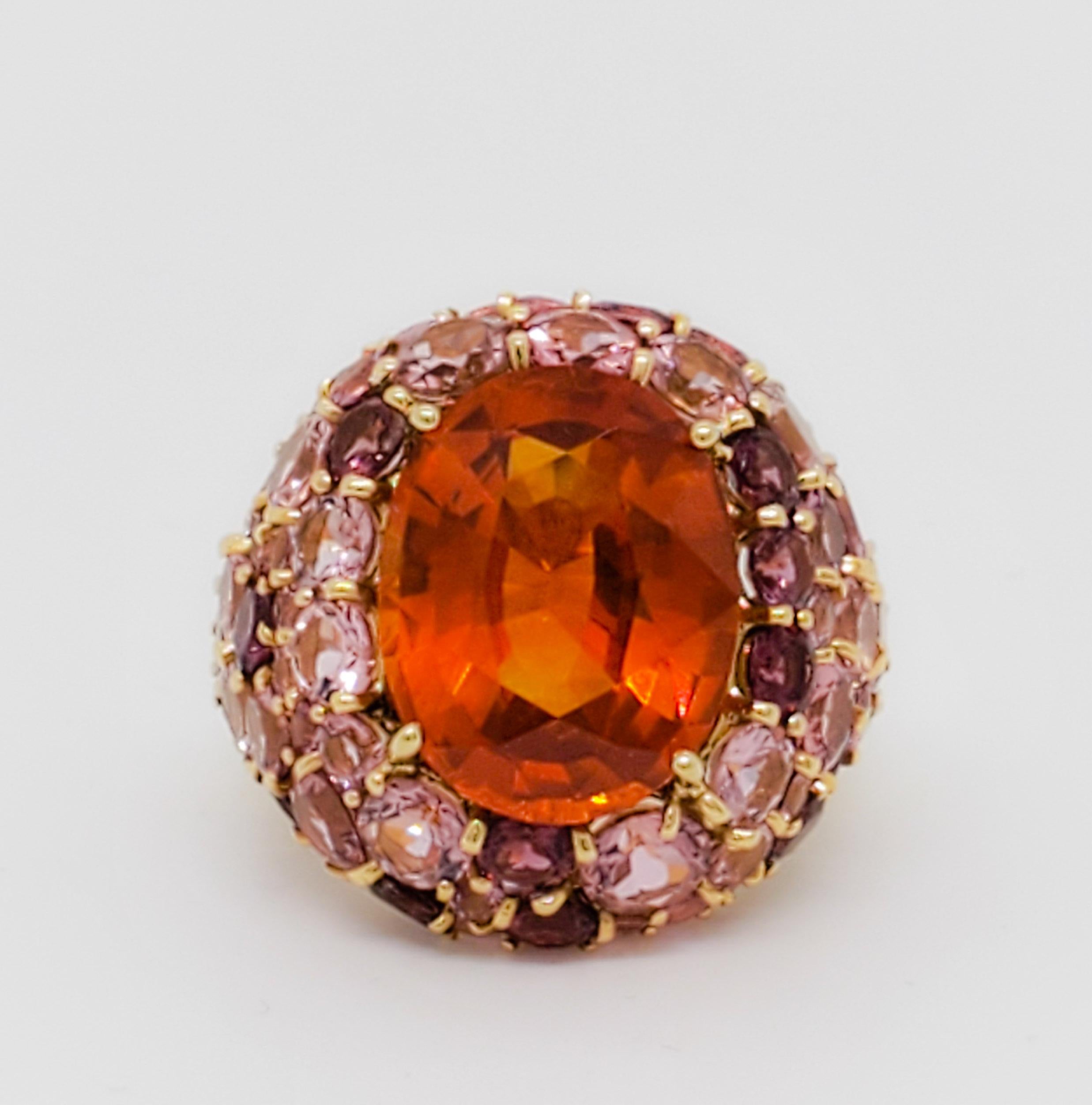 Women's or Men's Estate Orange Sapphire and Pink Tourmaline Cocktail Ring in 18k Yellow Gold