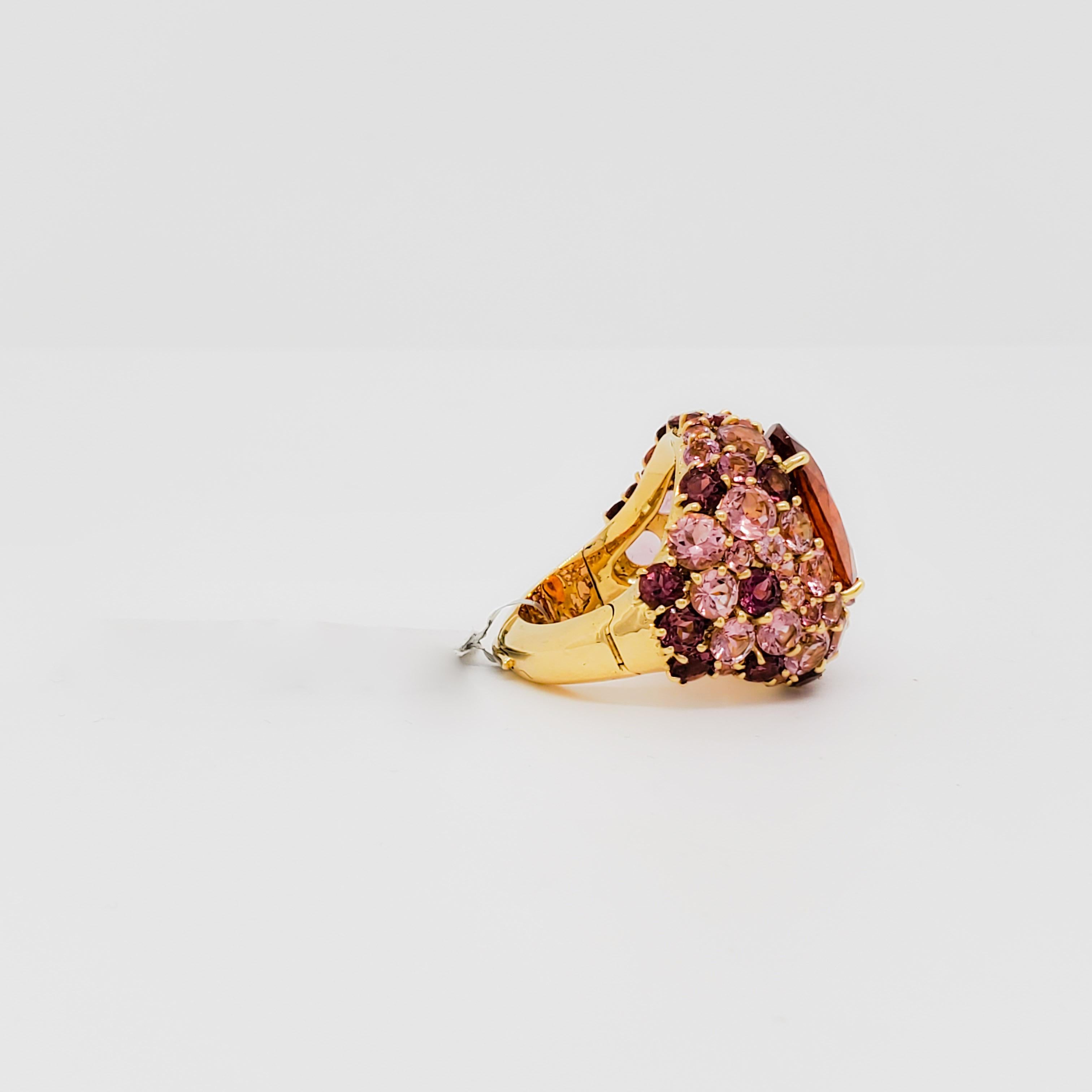 Estate Orange Sapphire and Pink Tourmaline Cocktail Ring in 18k Yellow Gold 1
