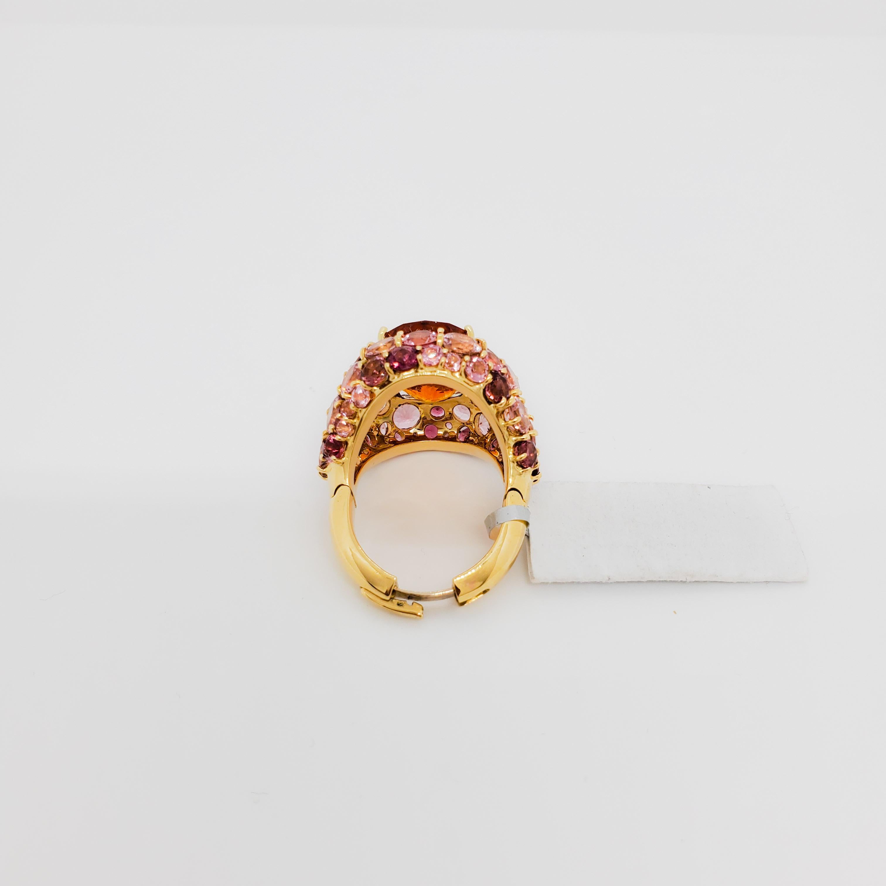 Estate Orange Sapphire and Pink Tourmaline Cocktail Ring in 18k Yellow Gold 2