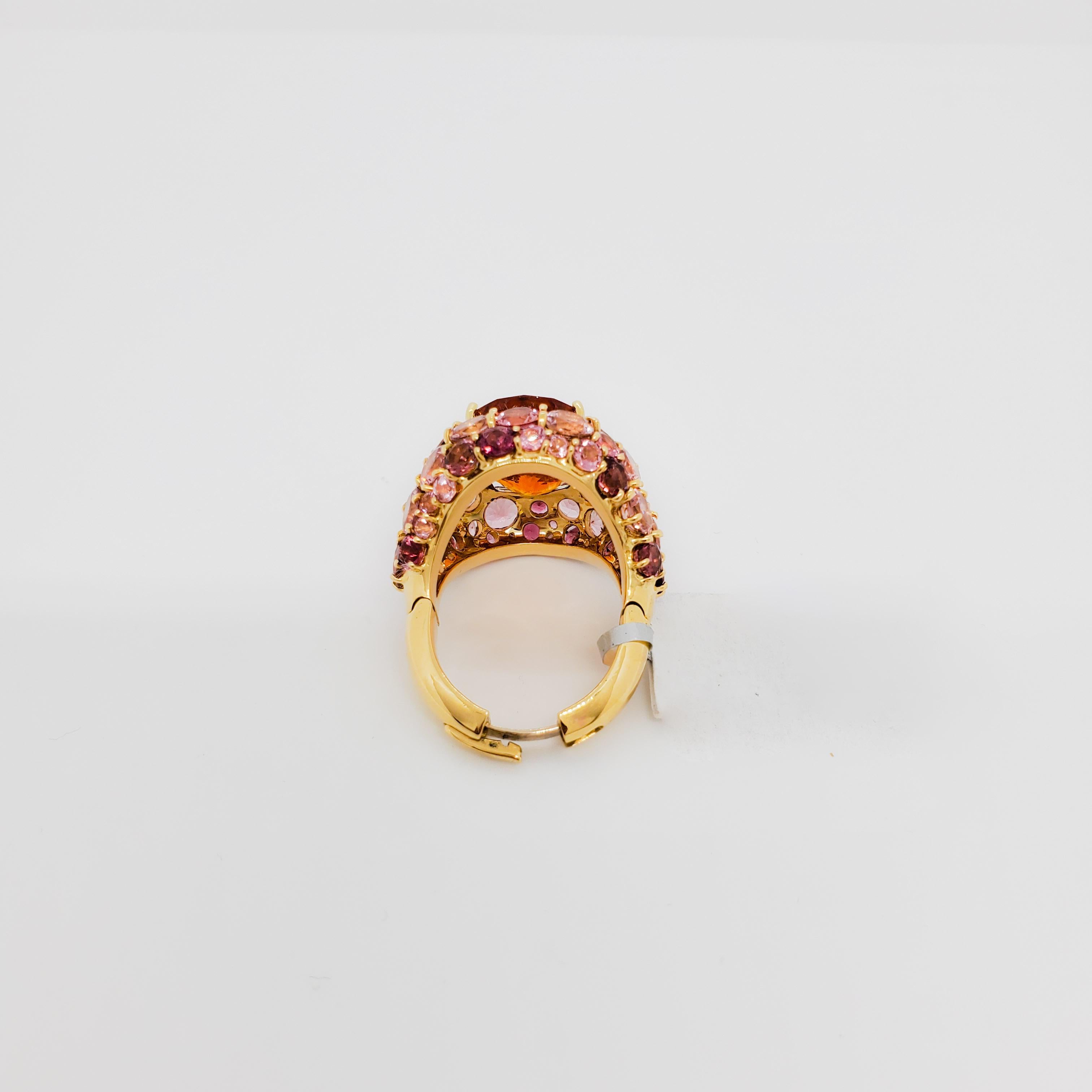 Estate Orange Sapphire and Pink Tourmaline Cocktail Ring in 18k Yellow Gold 3