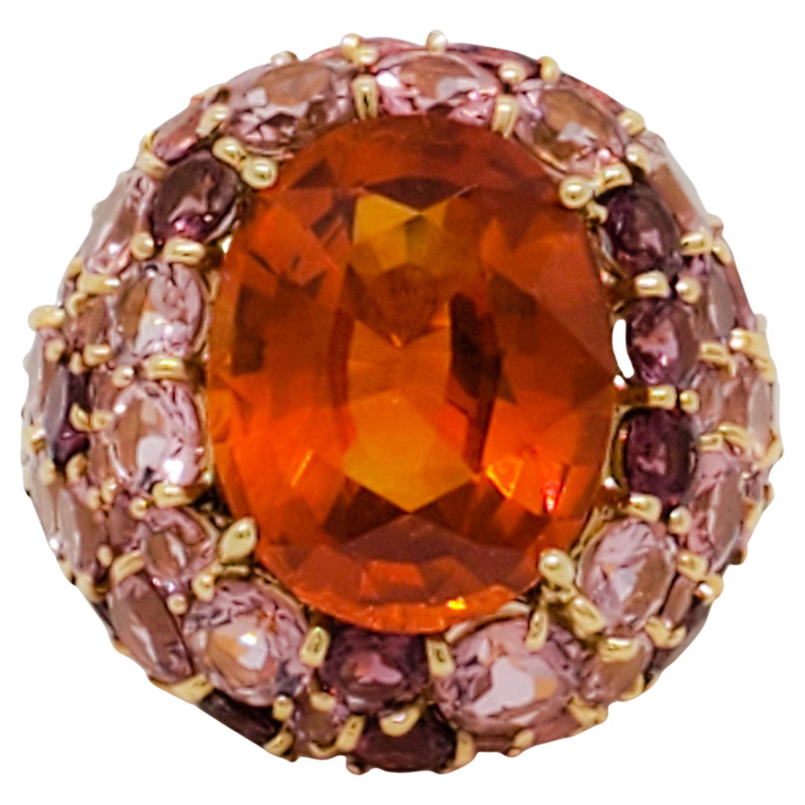 Estate Orange Sapphire and Pink Tourmaline Cocktail Ring in 18k Yellow Gold