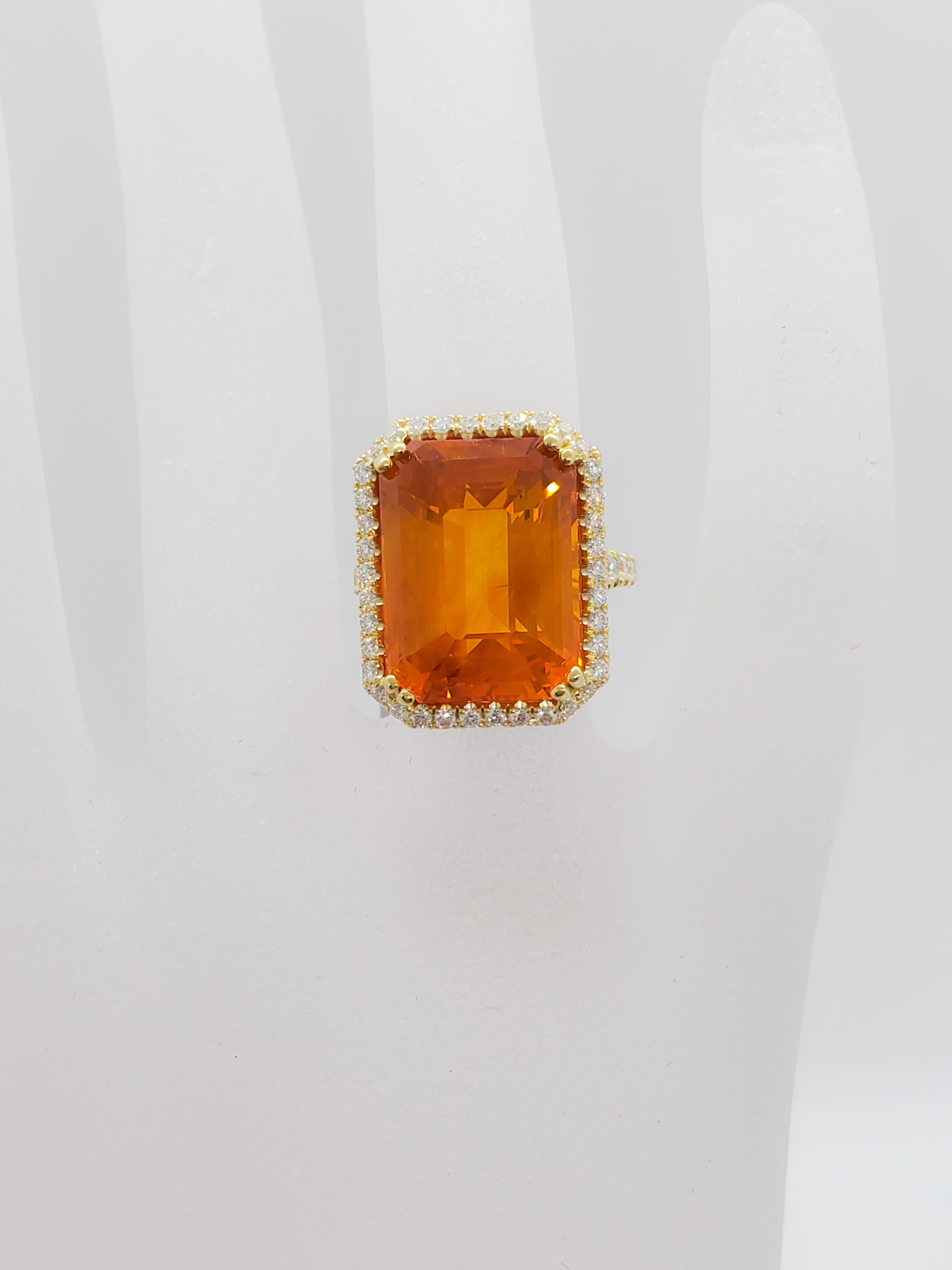 Octagon Cut Estate Orange Sapphire Octagon and White Diamond Cocktail Ring in 18 Karat Gold