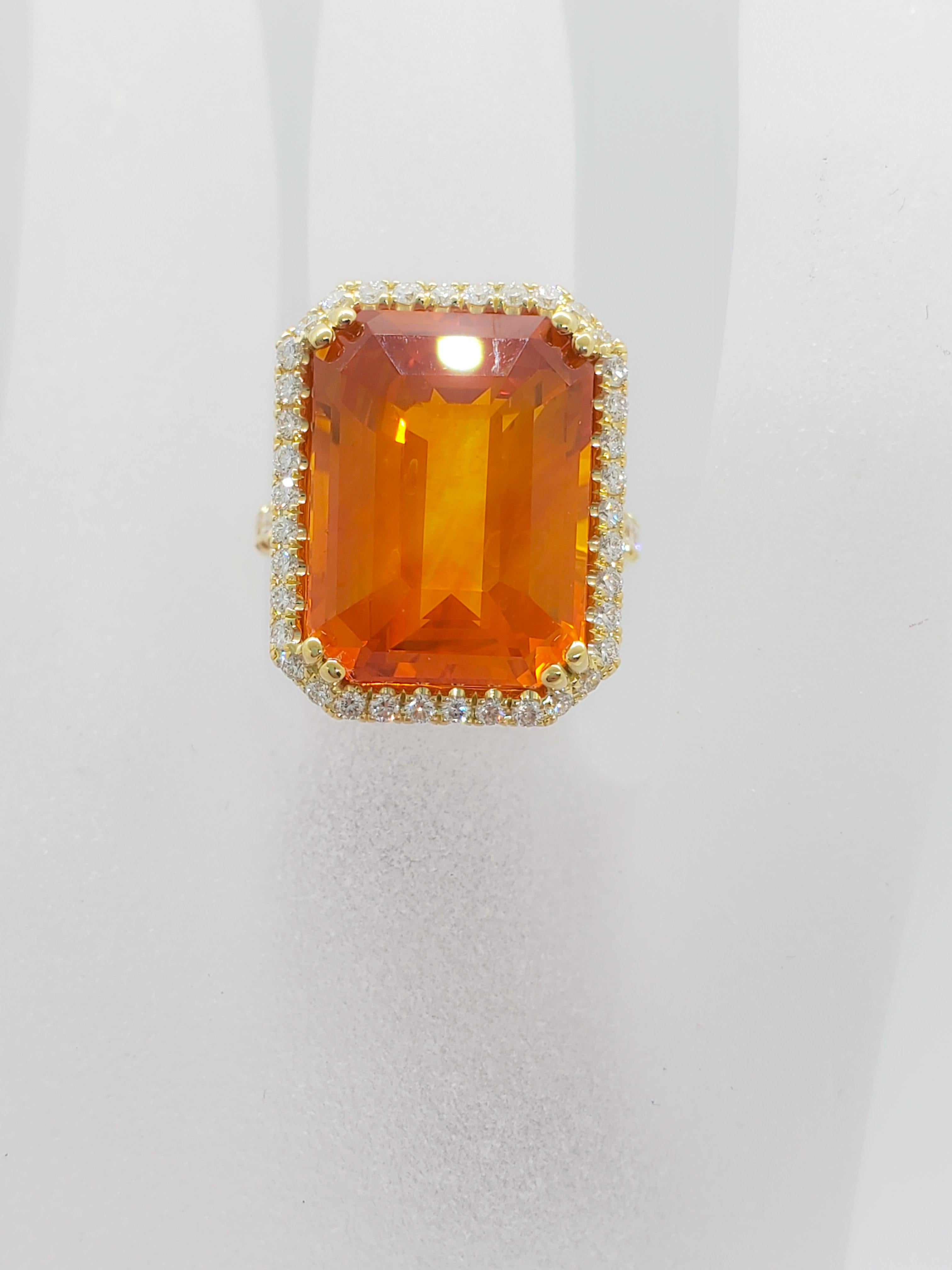 Women's or Men's Estate Orange Sapphire Octagon and White Diamond Cocktail Ring in 18 Karat Gold