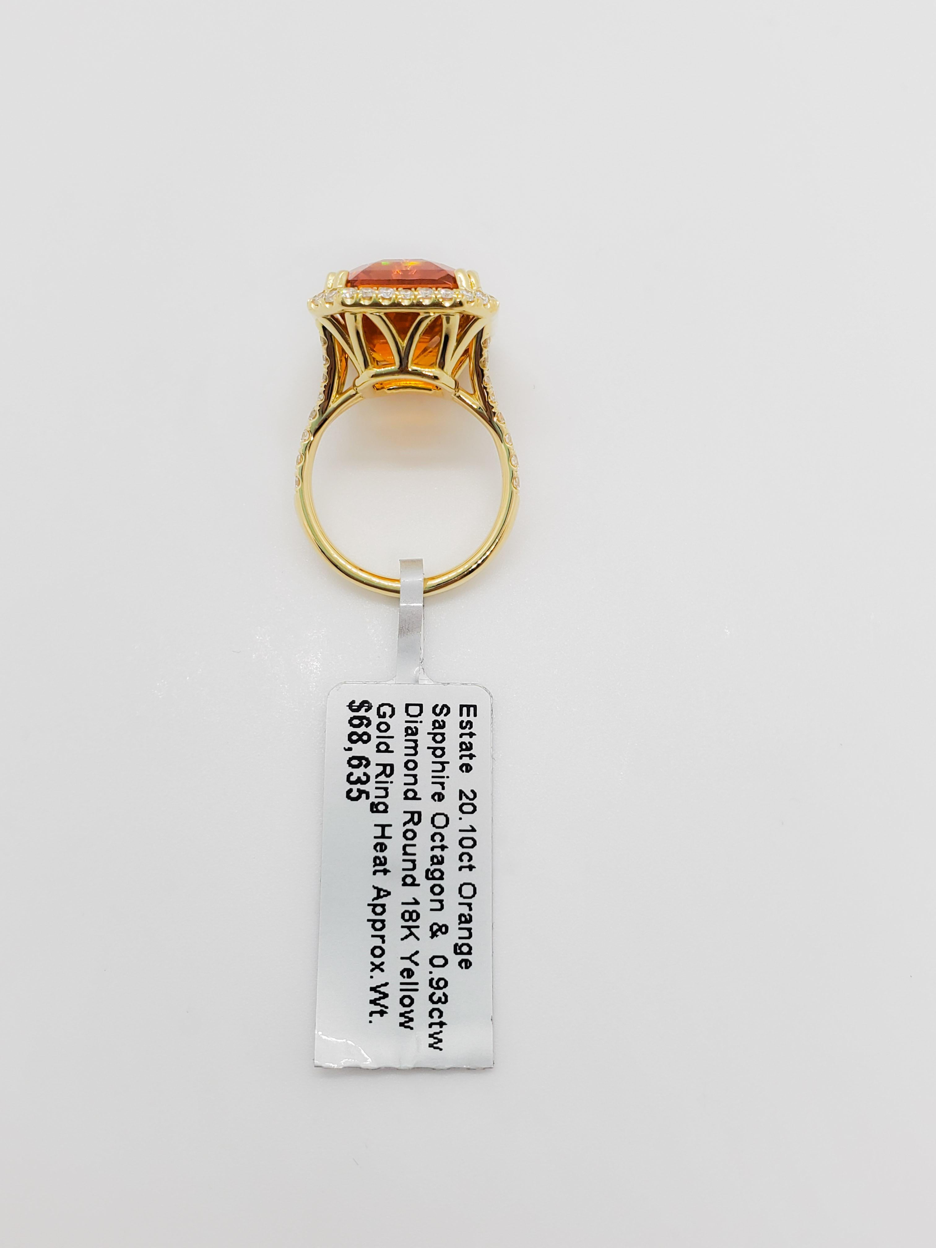 Estate Orange Sapphire Octagon and White Diamond Cocktail Ring in 18 Karat Gold 1