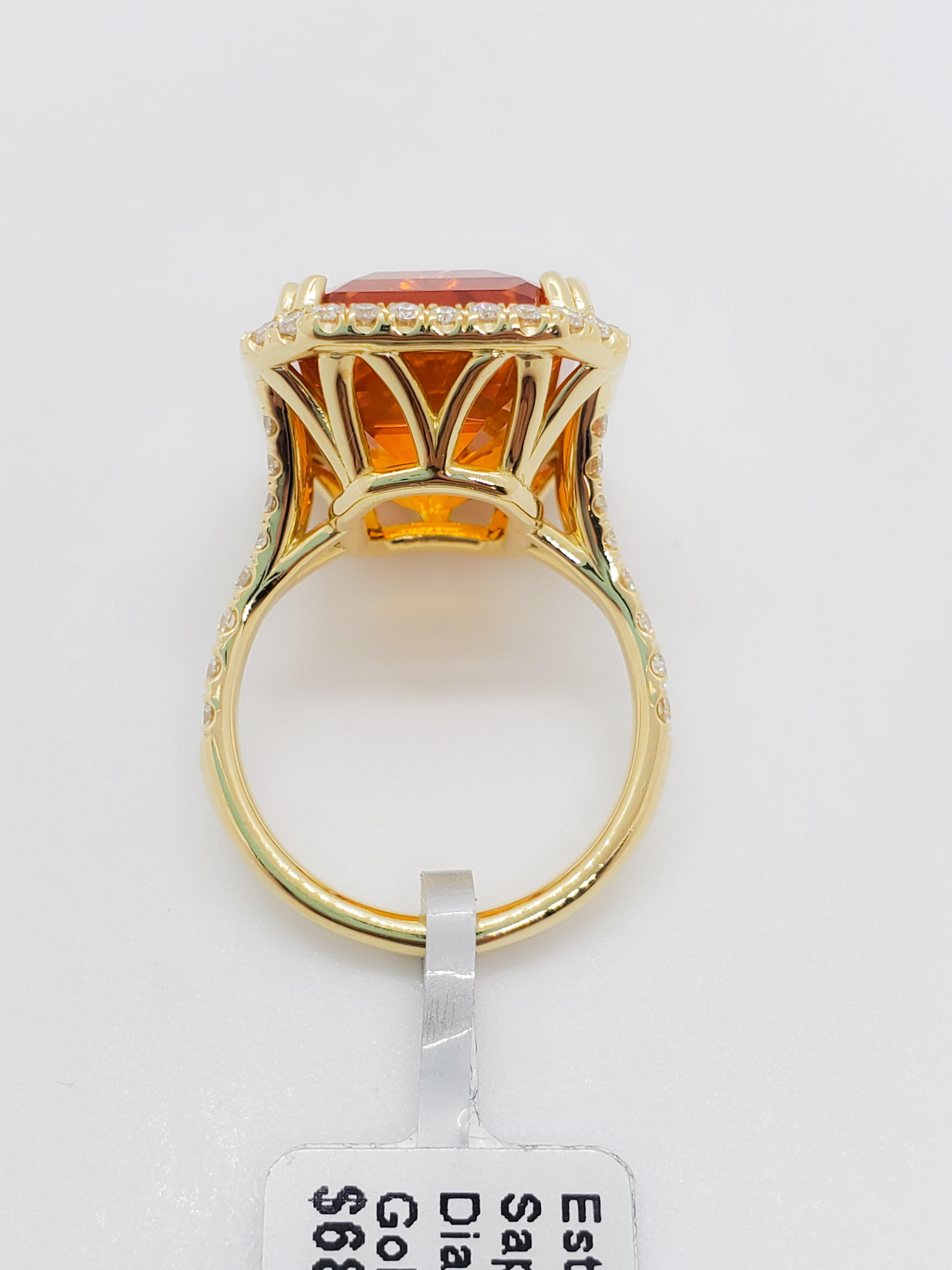 Estate Orange Sapphire Octagon and White Diamond Cocktail Ring in 18 Karat Gold 3