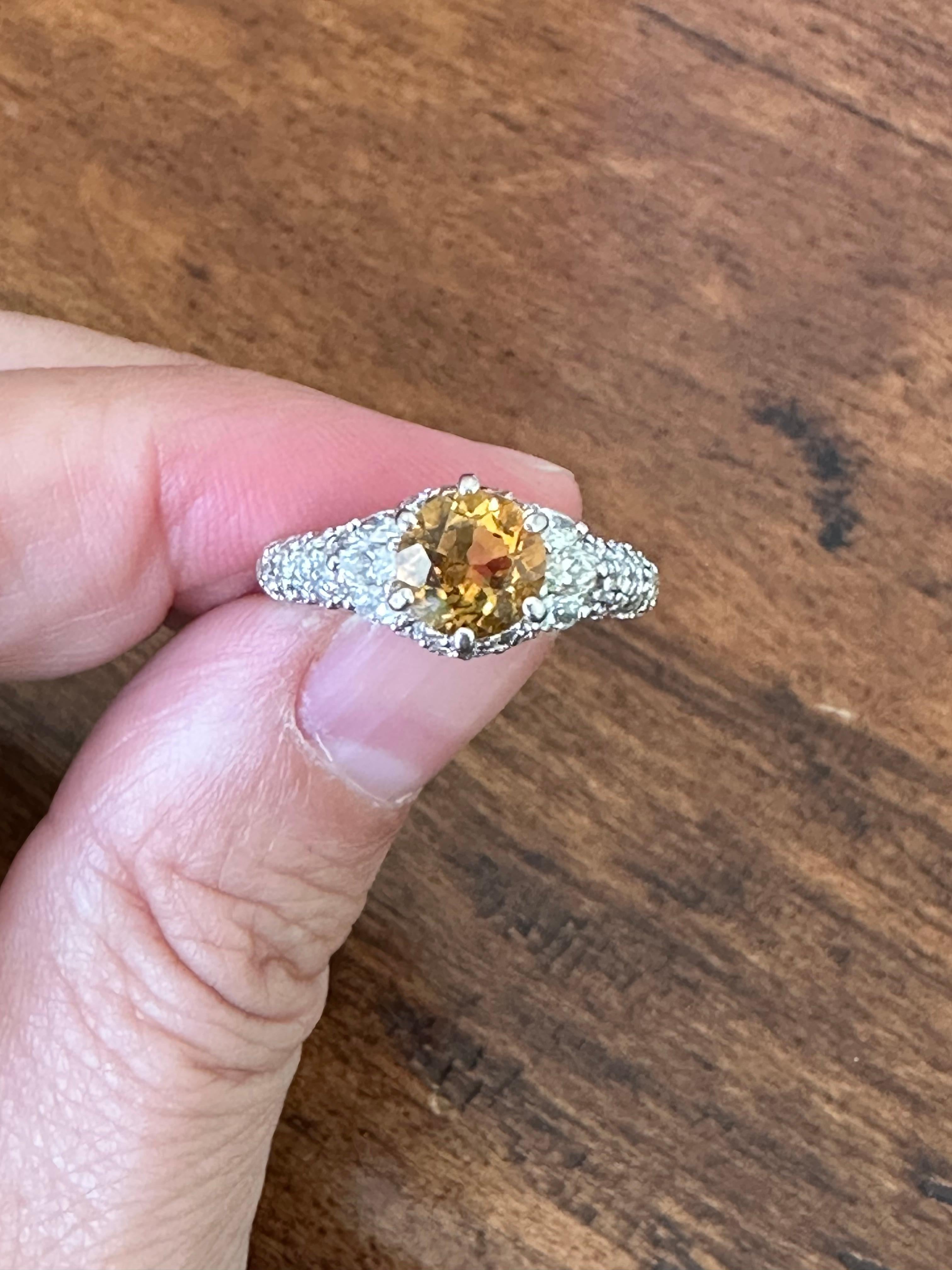 Estate Orange-Yellow Sapphire and Pave Diamond Ring For Sale 6