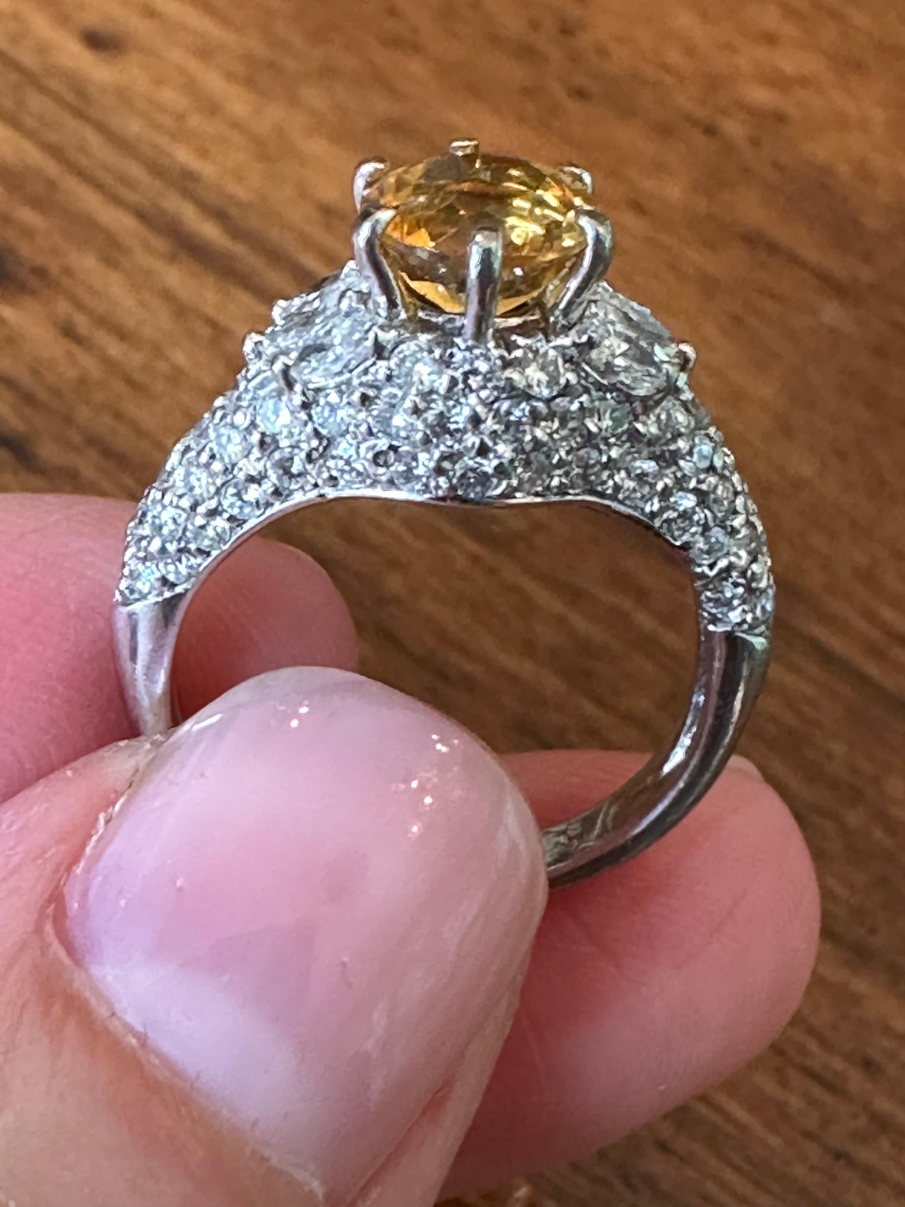 Estate Orange-Yellow Sapphire and Pave Diamond Ring For Sale 7