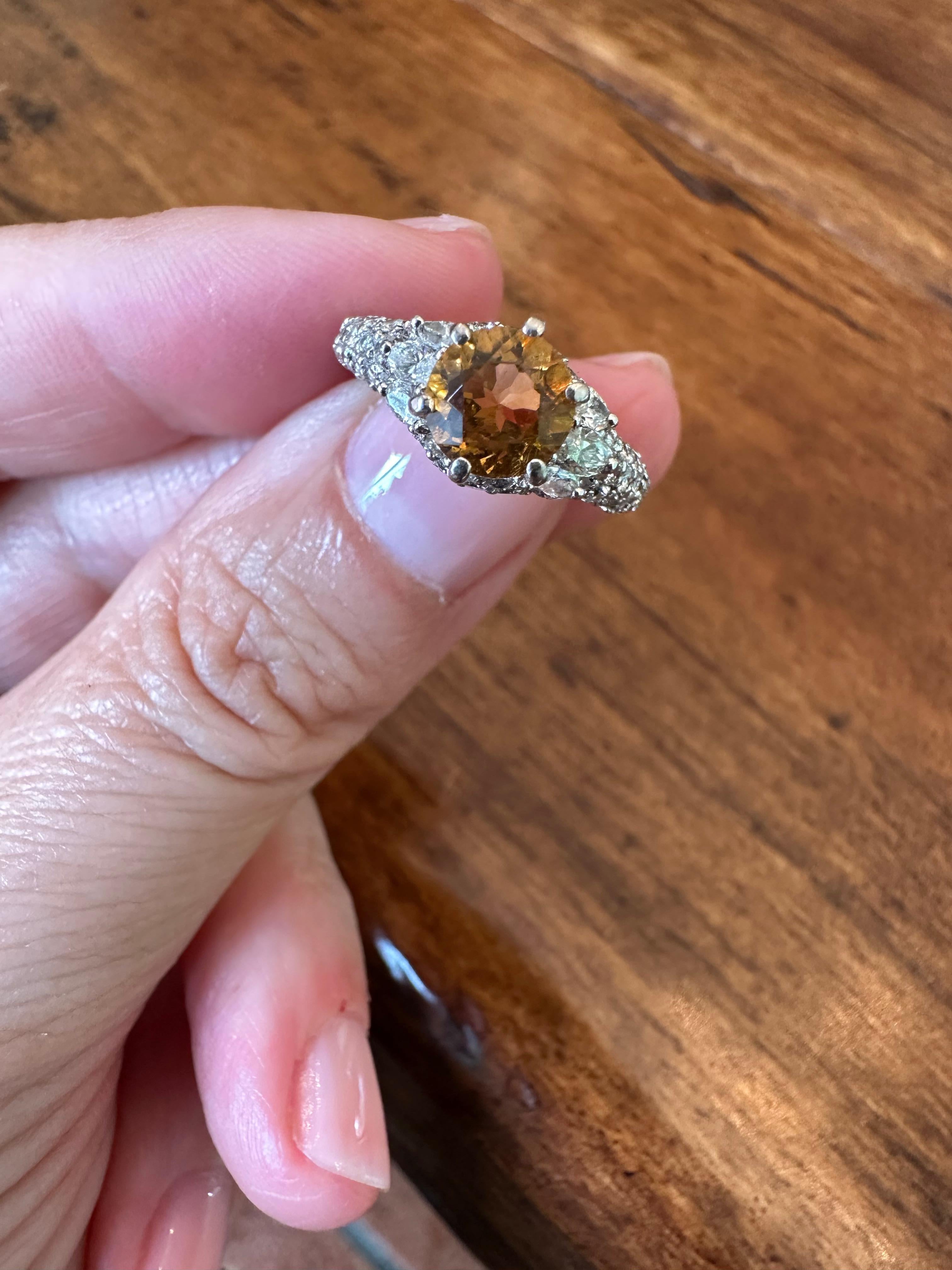 Estate Orange-Yellow Sapphire and Pave Diamond Ring For Sale 9