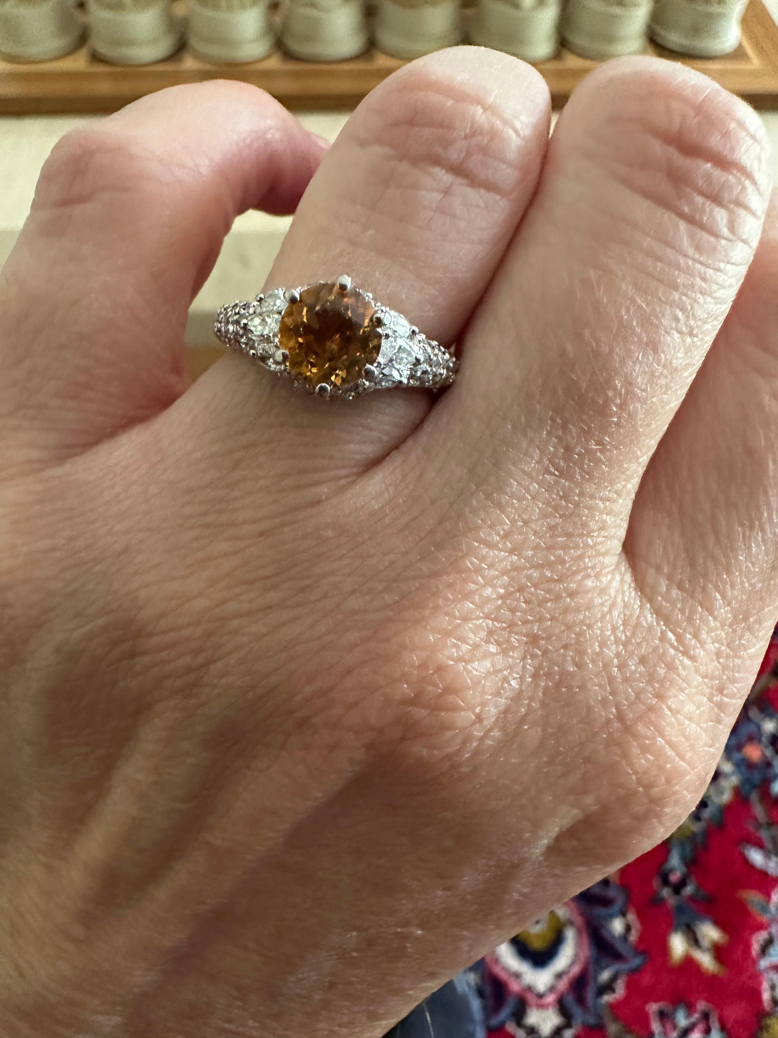 Estate Orange-Yellow Sapphire and Pave Diamond Ring For Sale 10