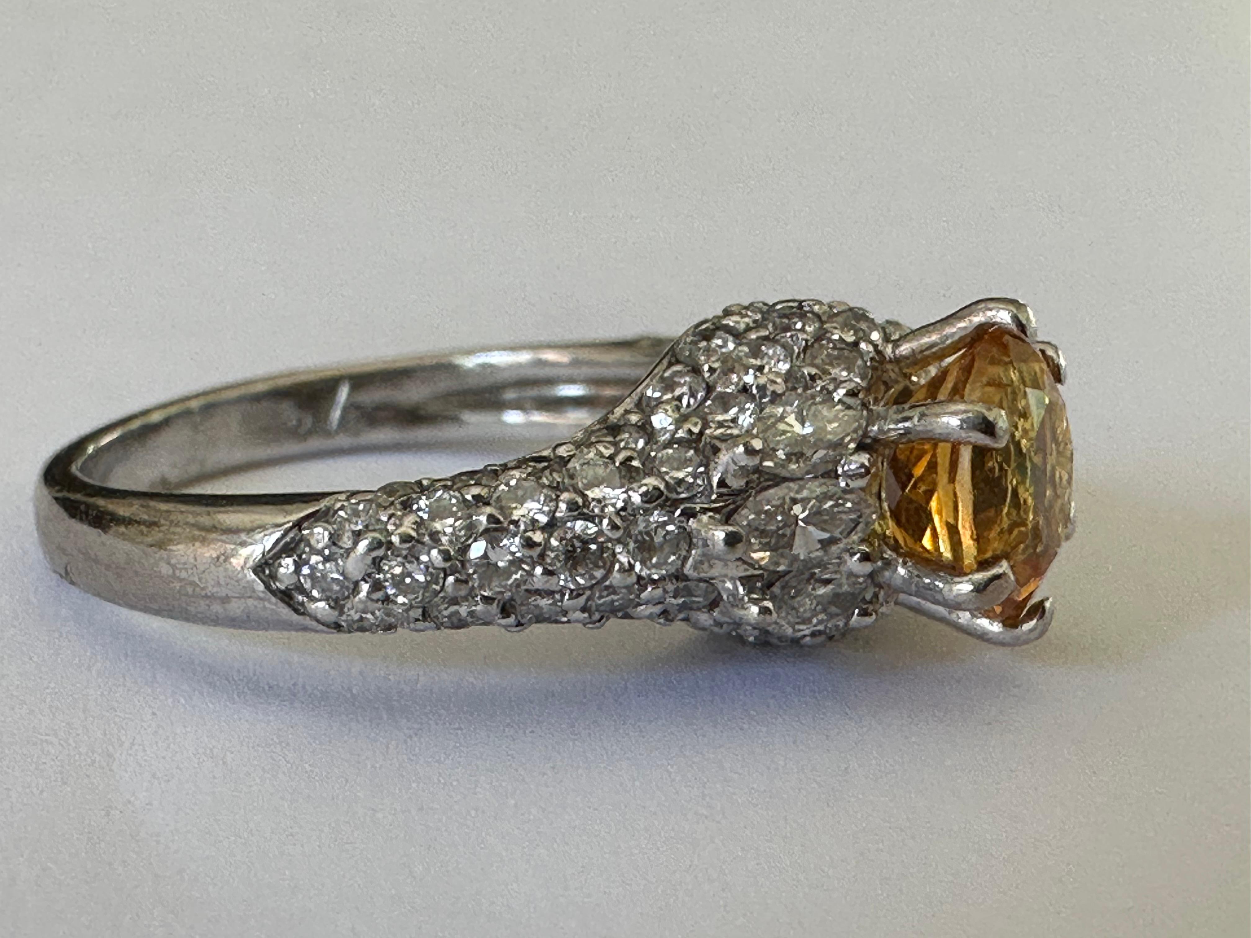 Estate Orange-Yellow Sapphire and Pave Diamond Ring For Sale 1