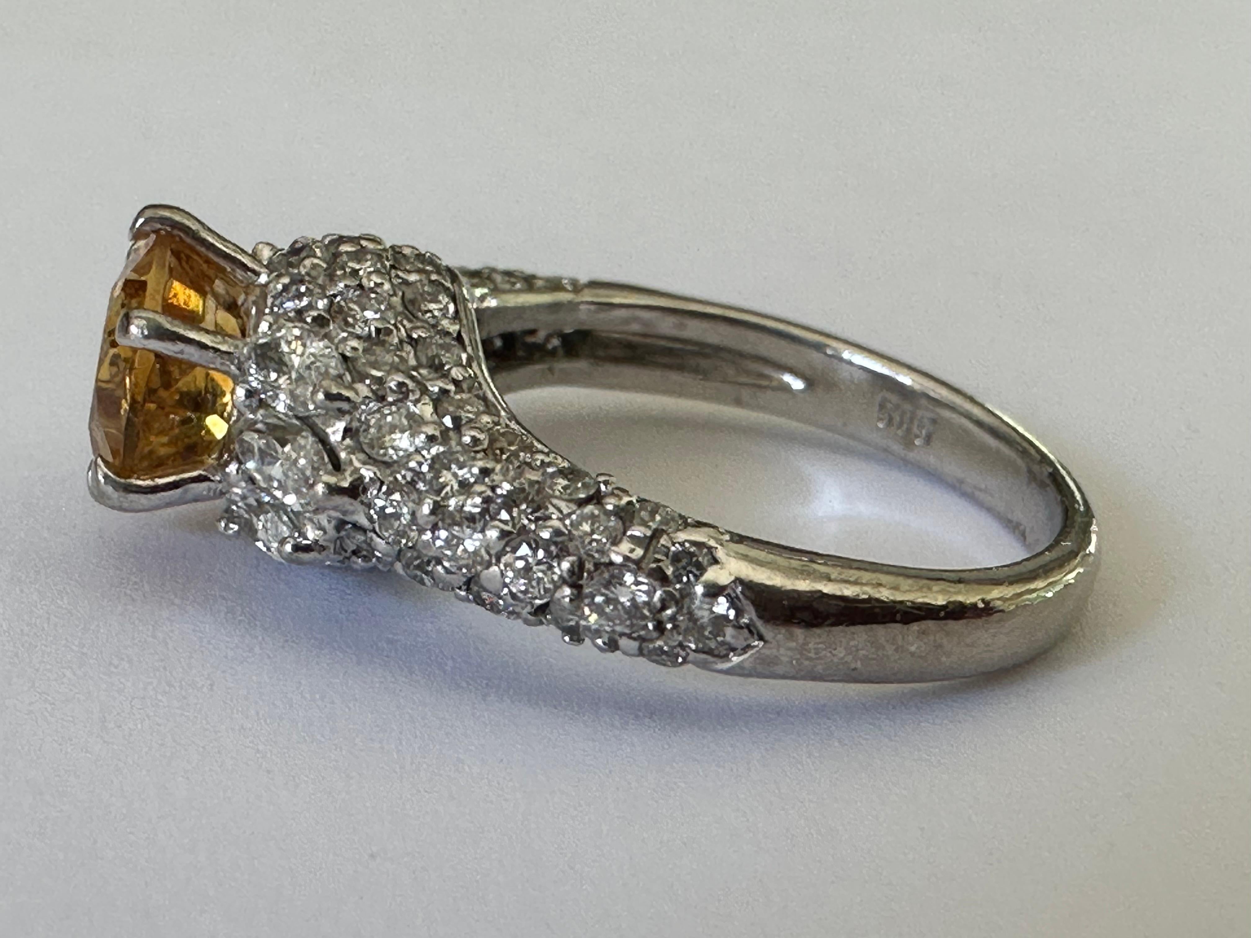 Estate Orange-Yellow Sapphire and Pave Diamond Ring For Sale 3