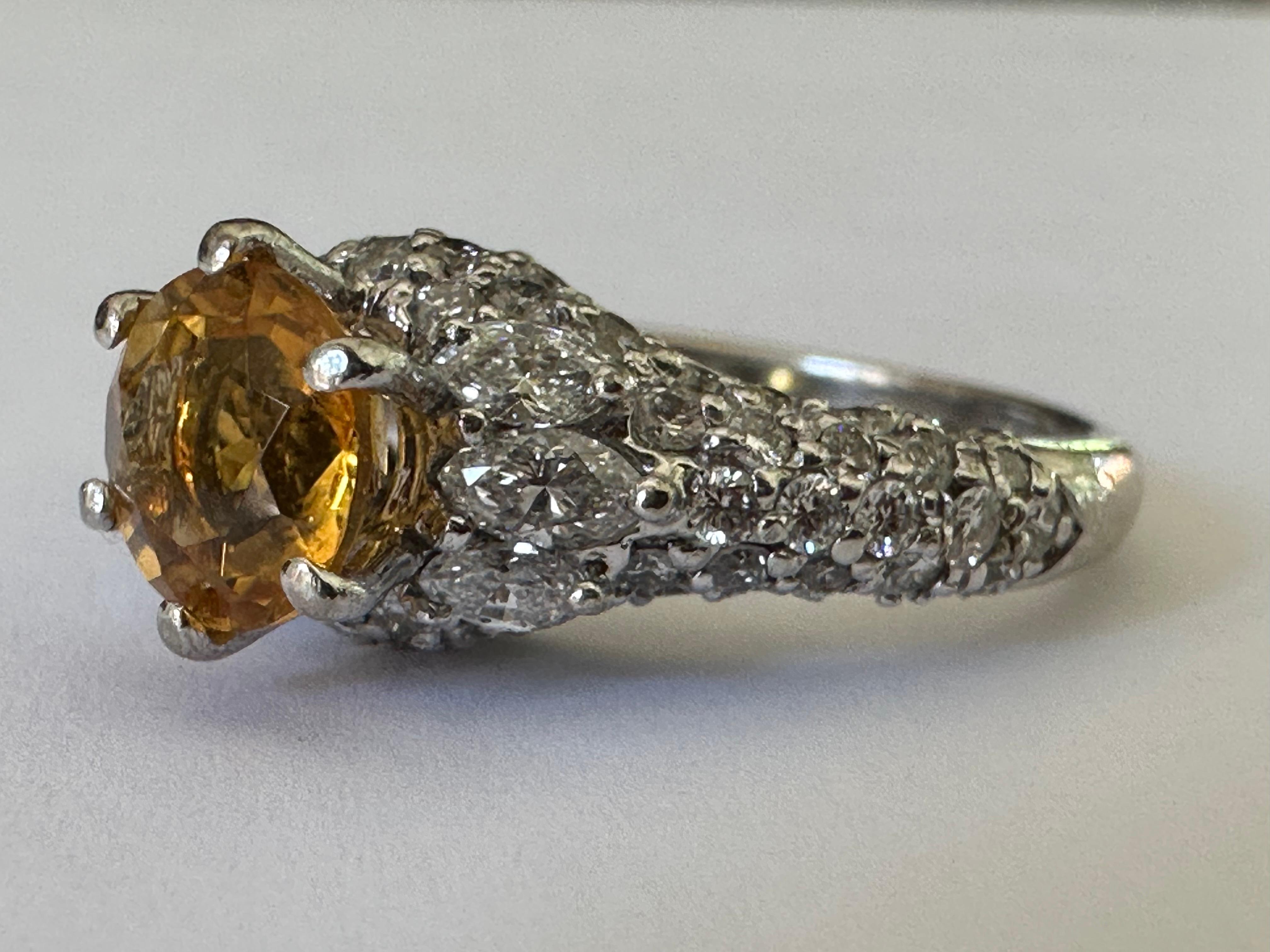 Estate Orange-Yellow Sapphire and Pave Diamond Ring For Sale 4