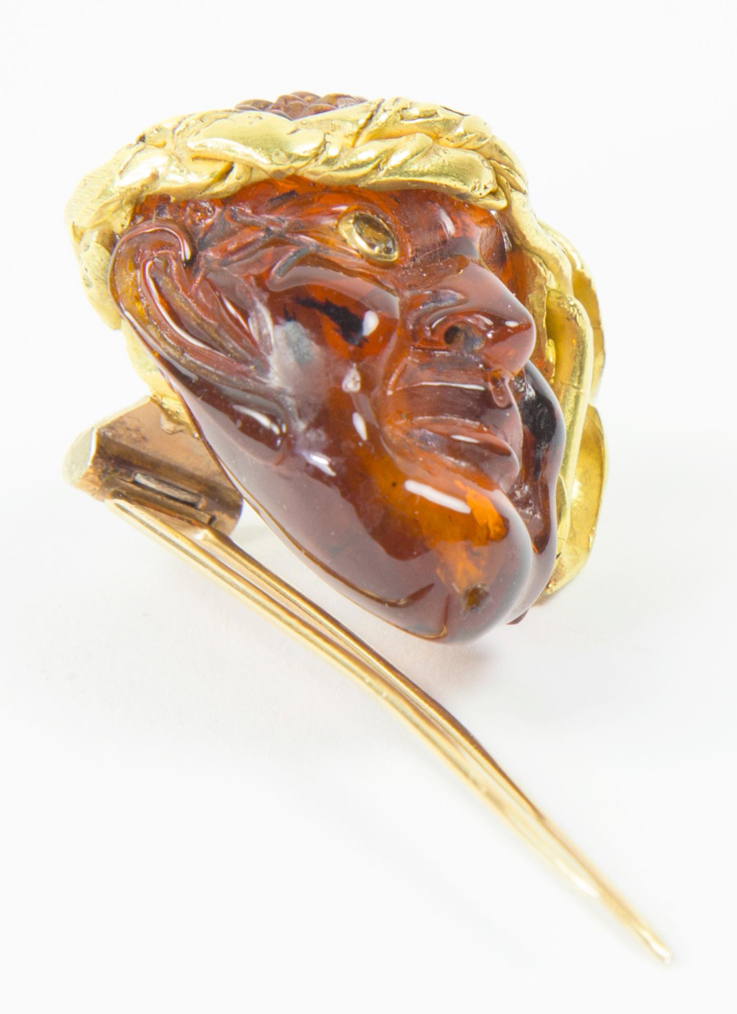 Antike antike Edelstein Bernstein Gold Figural Maske Pirat Brosche Pin Estate Fine Jewelry (Kunsthandwerker*in) im Angebot