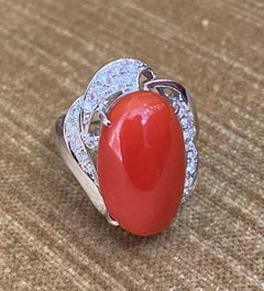 Estate Oval Coral and Diamond Cocktail Ring in Platinum