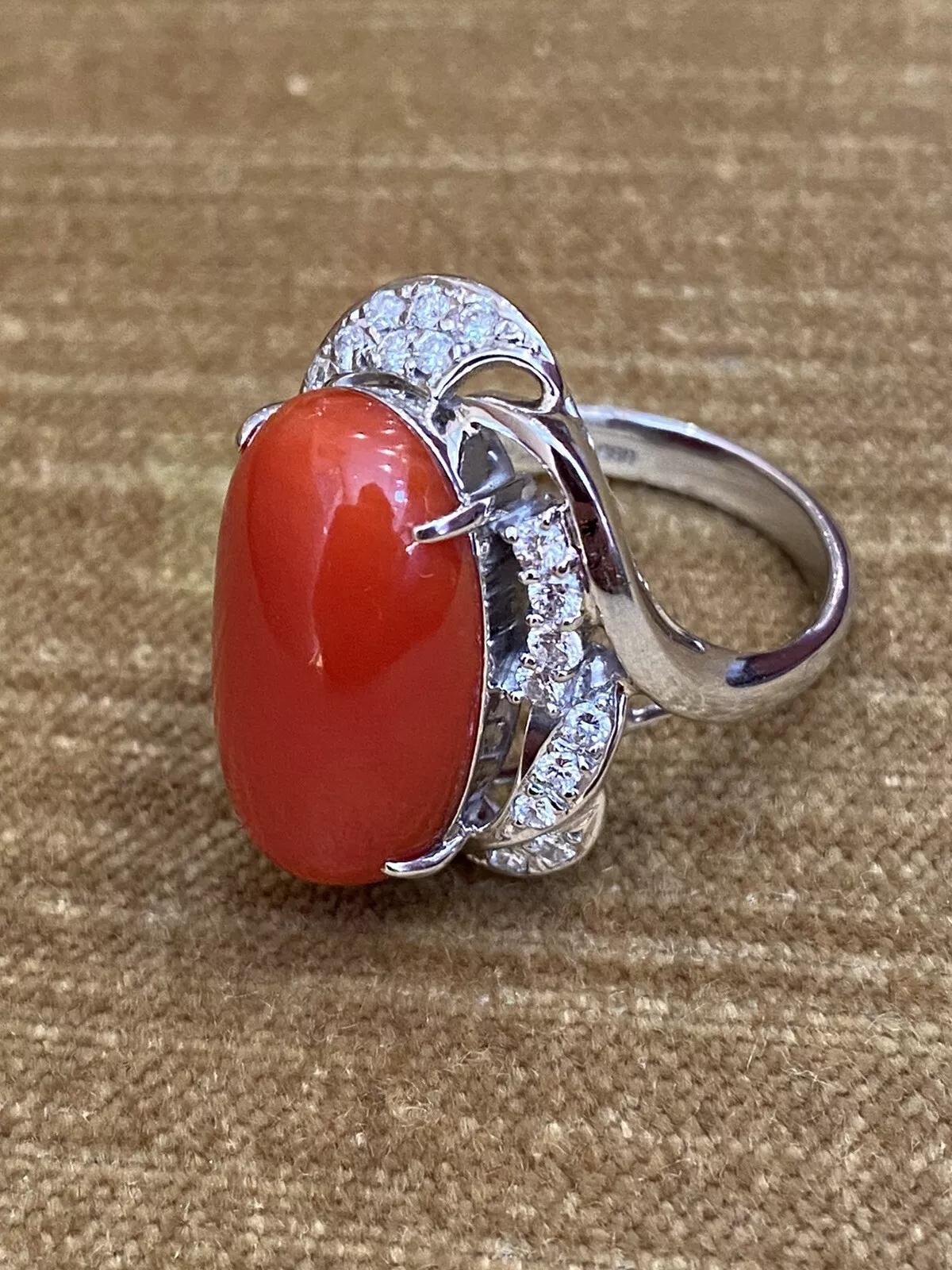 Oval Cut Estate Oval Coral and Diamond Cocktail Ring in Platinum For Sale