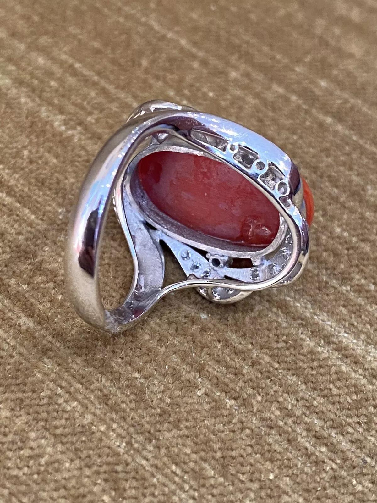Estate Oval Coral and Diamond Cocktail Ring in Platinum In Excellent Condition For Sale In La Jolla, CA