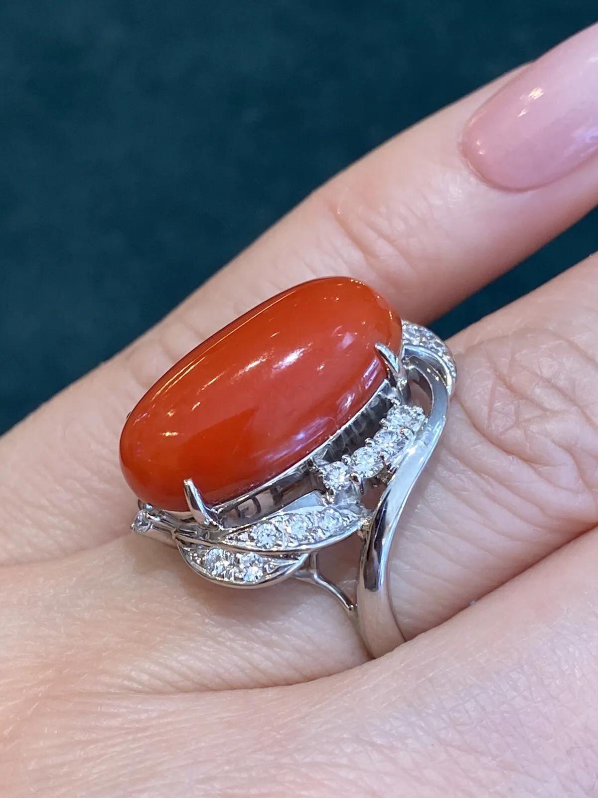 Estate Oval Coral and Diamond Cocktail Ring in Platinum For Sale 1