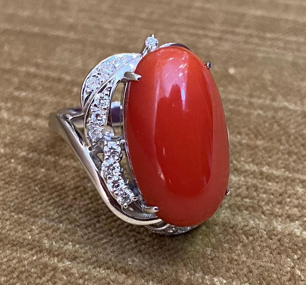 Estate Oval Coral and Diamond Cocktail Ring in Platinum For Sale 2