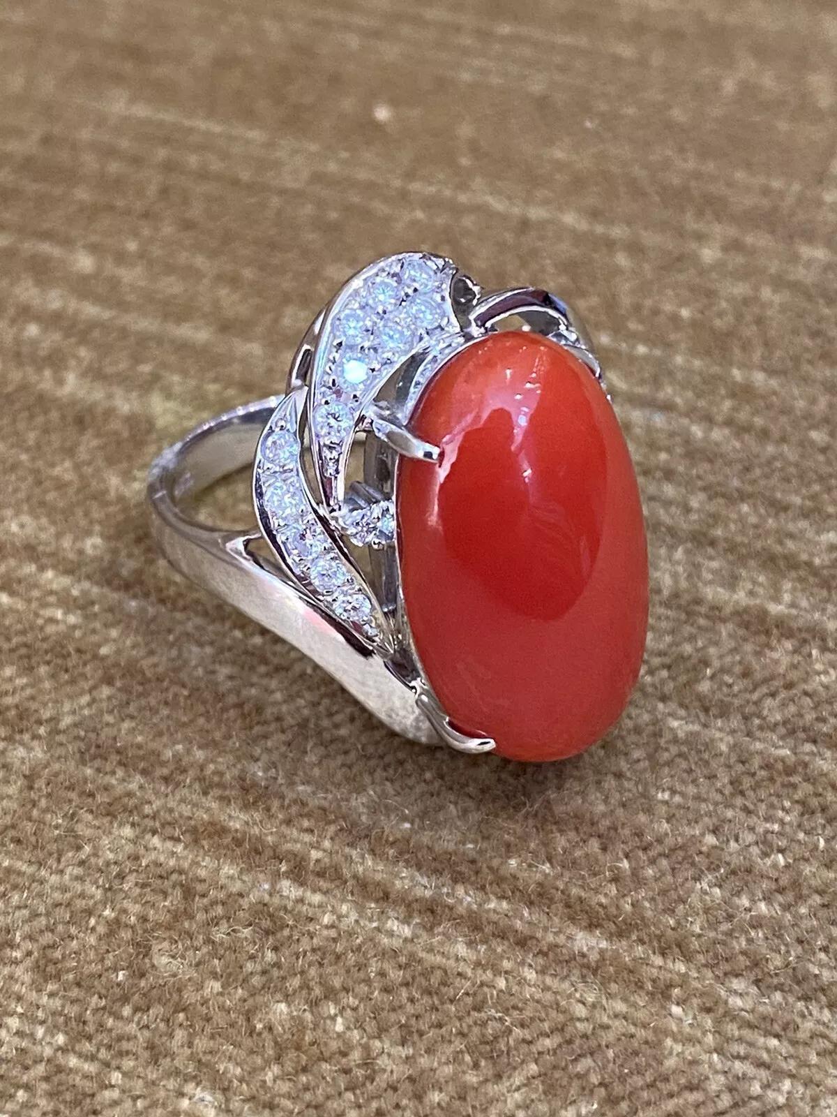 Estate Oval Coral and Diamond Cocktail Ring in Platinum For Sale 3