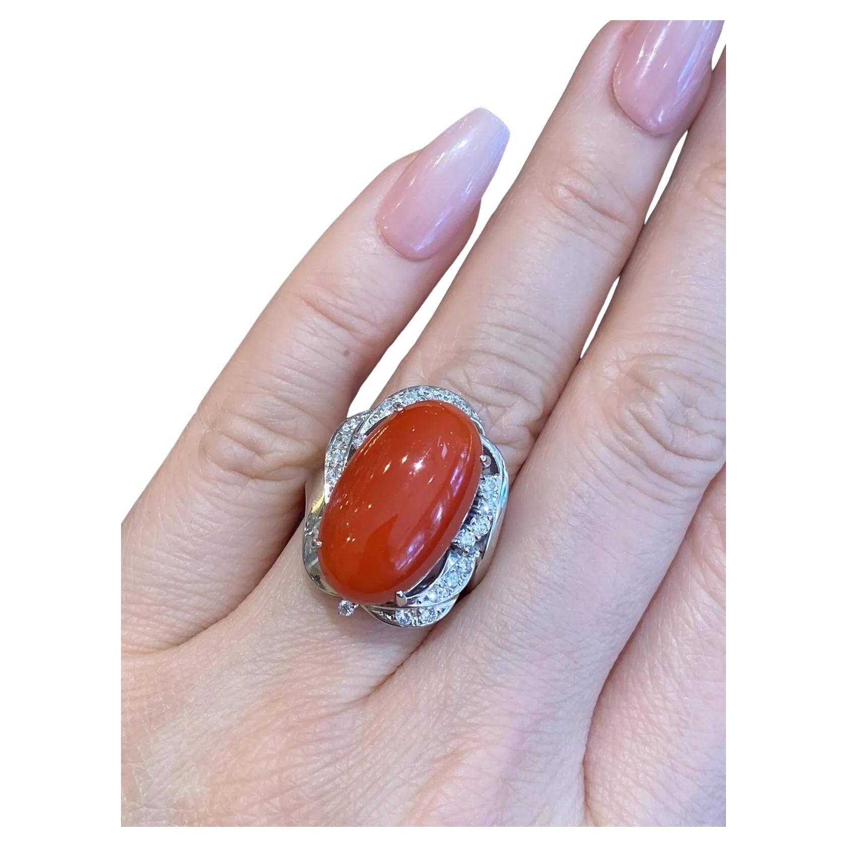 Estate Oval Coral and Diamond Cocktail Ring in Platinum For Sale