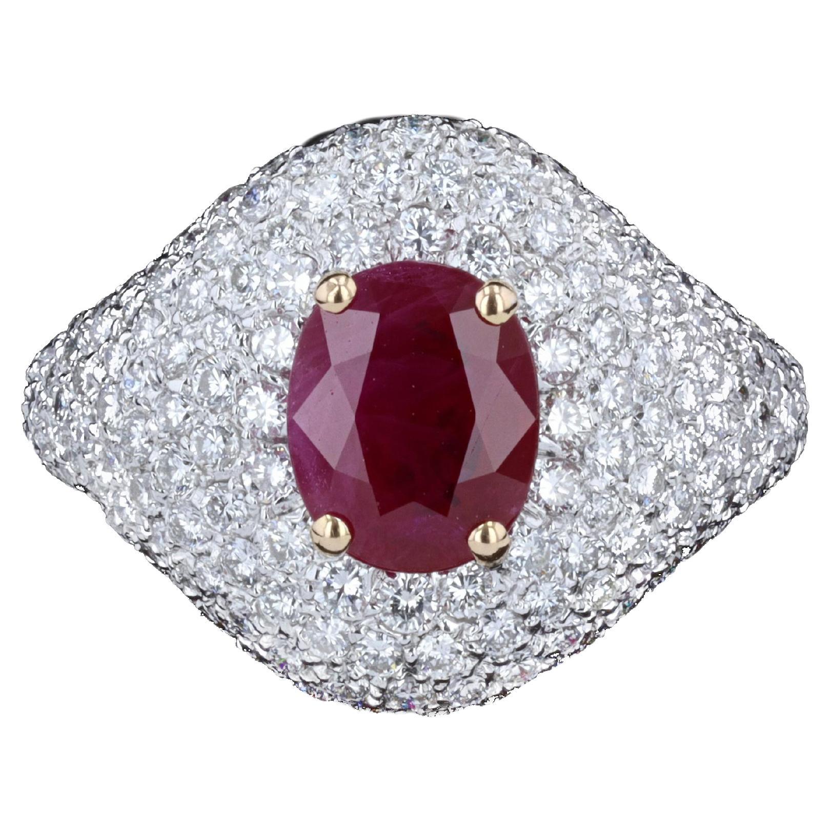 Estate Oval Cut Ruby and Diamond Pave Ring For Sale