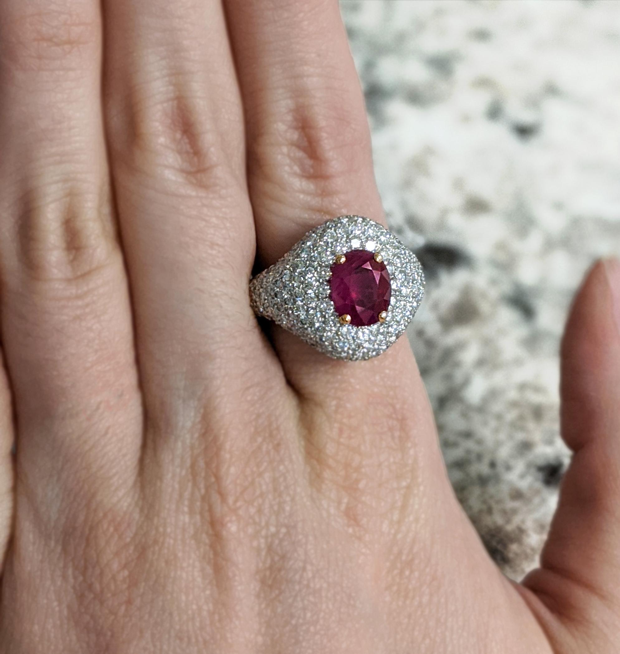 Estate Oval Cut Ruby and Diamond Pave Ring In Good Condition For Sale In NEW ORLEANS, LA